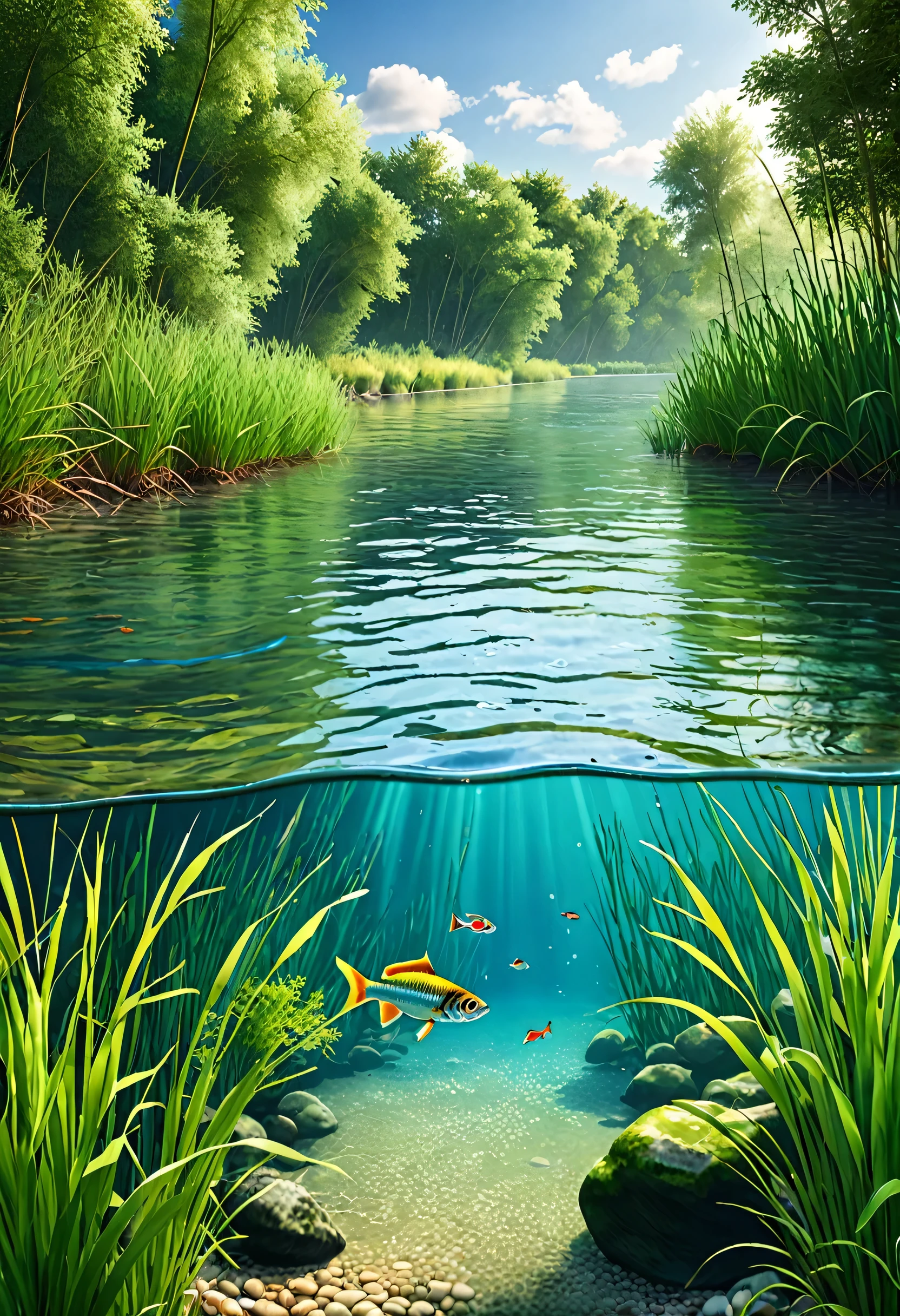 photorealistic of a river, in a forest, with fresh water, with a characteristic seawater fish that swims underwater, with reeds, view of the river with trees on the bank