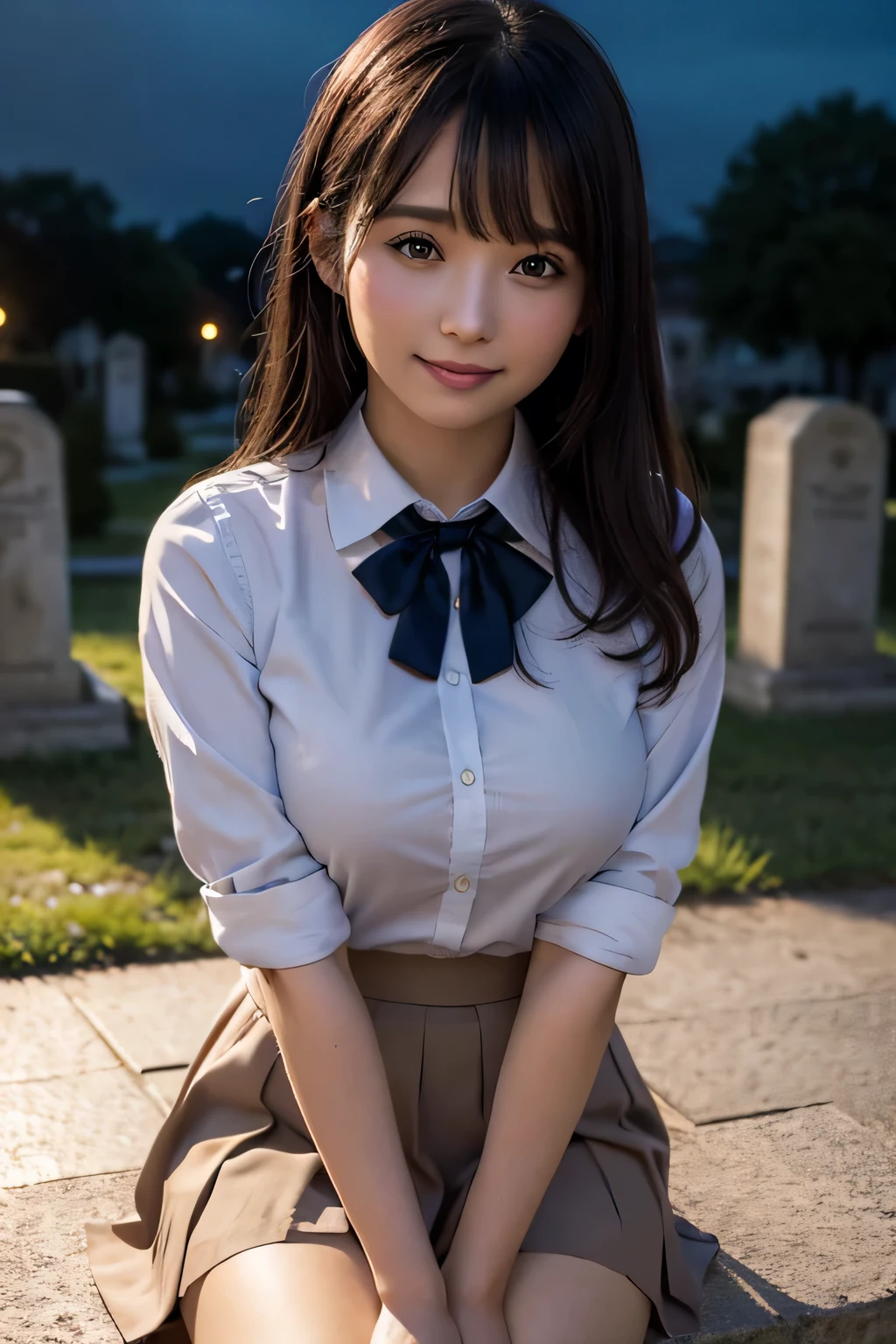 There is a woman who is in the cemiterio dawn, (8k, RAW photo, best quality, masterpiece: 1.2), (realistic, photo-realistic: 1.37), ultra-detailed, 1 girl, beautiful, solo, beautiful detailed sky, night, sitting, dating, (flushed nose), (smile: 1.1), medium , beautiful detailed eyes, (collared shirt: 1.1), bow tie, pleated skirt,