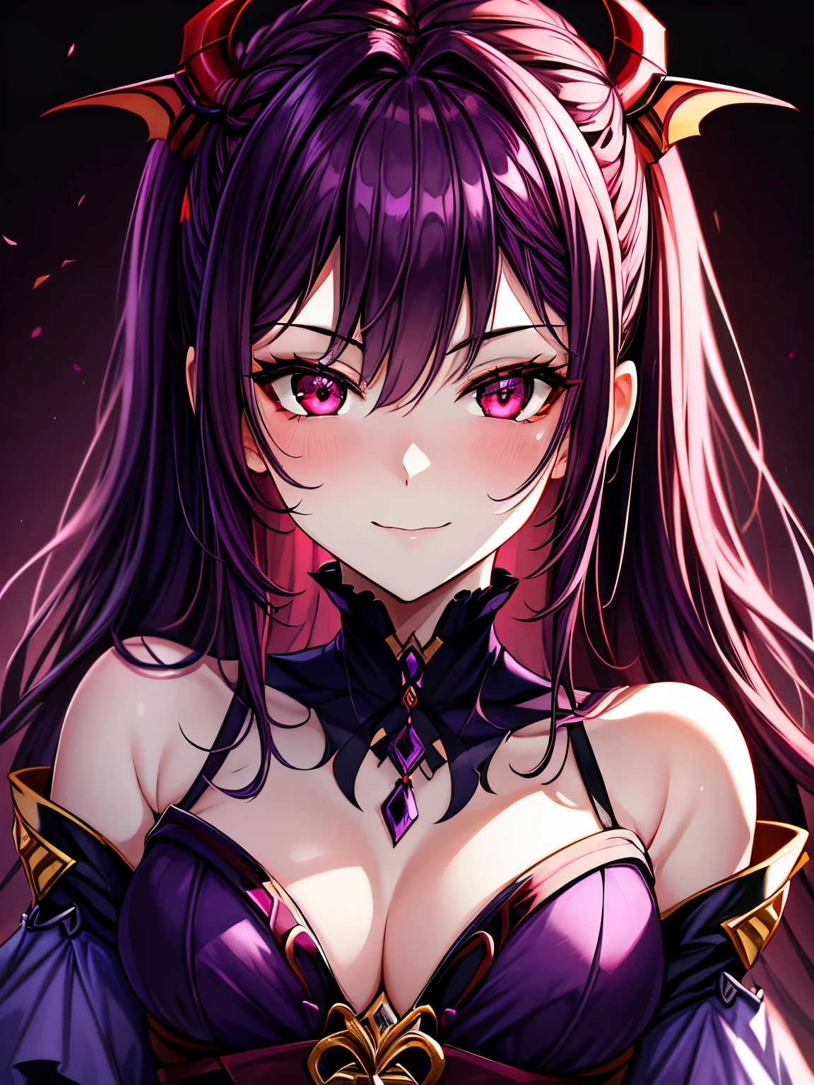 best quality,4K,High Resolution),ultradetailliert,realistisch,portrait, purple with dark red hair succubus in a purple and dark red spring dress with gold embellishments glowing red eyes, leuchtende Farben, delicate features, seductive glance, charming smile, wallende Haare, Sanfte Beleuchtung