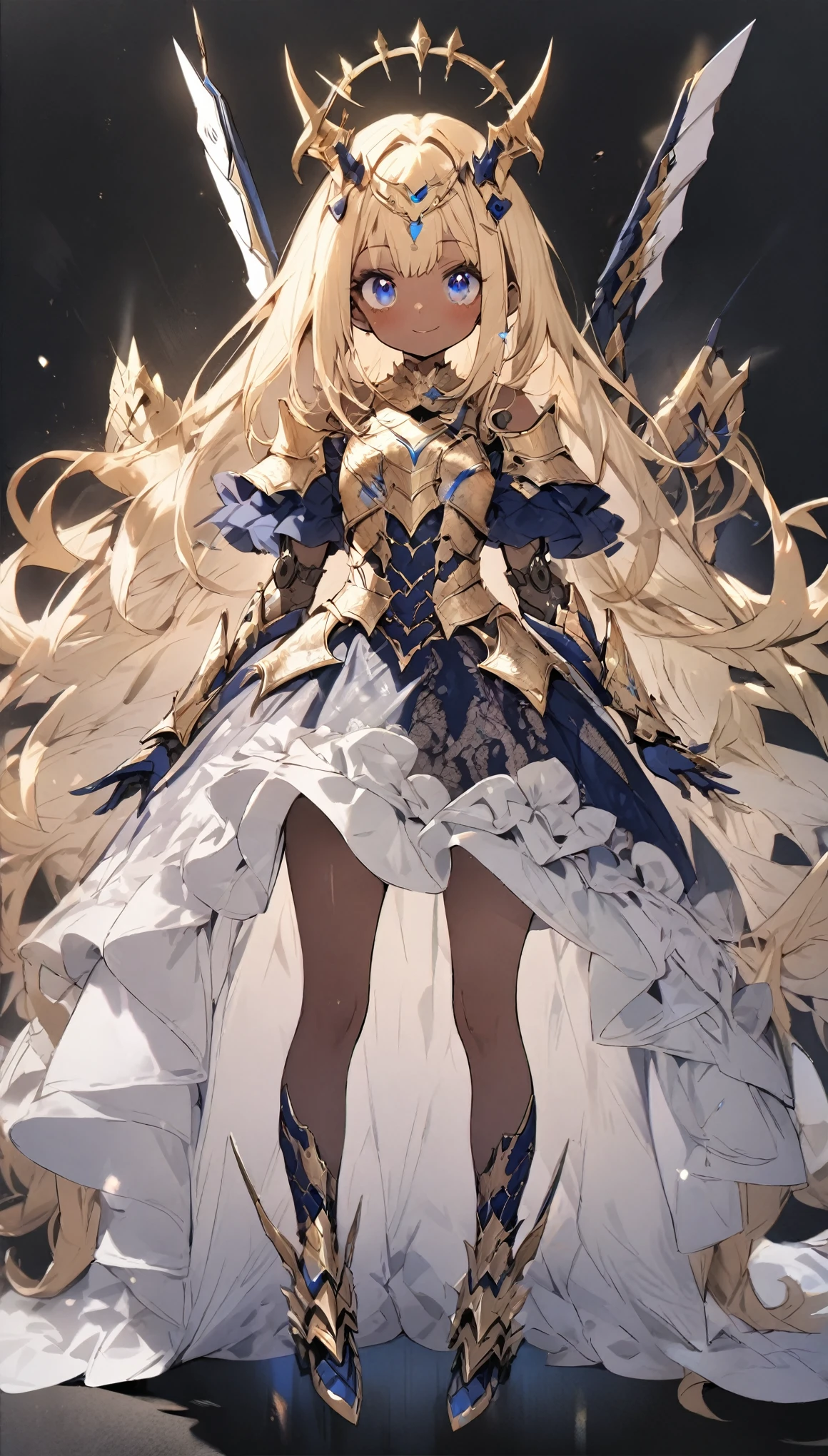 score_9, score_8_up, score_7_up, best quality ,masterpiece, 4k, Japanese anime, 1girl, (brown skin:1.2), blonde hair, twin tails, blue ribbon, (mechanical dragonhorn:1.5), (mechanical wing:1.2), (eye lashes:1.3), (eye shadow:1.3),blue eyes, (beautiful detailed eyes:1.4), laugh, 130cm tall, original character, fantasy, (black background:1.2), (full body:1.8), beautiful fingers, standing, (blue gold lace frill armor dress:1.5), (mechanical headdress:1.5) , shoot from front, looking at viewer ,