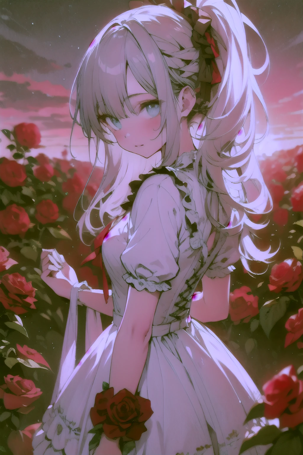 ((best quality)), ((masterpiece)), (detailed), perfect face, long silver hair, ponytail, sky blue eyes, white lolita dress, rose bushes, sunset