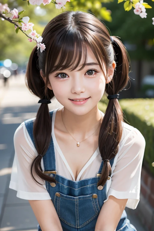 Slim and sharp facial contours、One Girl、（beautiful girl、Delicate girl：1.3）、（22 years old：1.3）、break、（Naked and in overalls：1.3）、break、Very beautiful eyes、（Symmetrical eyes：1.3）、break、（Cherry tree in full bloom:1.3)、Perfectly shaped and anthropomorphic fingers、break、Small breasts、Brown eyes、Parted bangs、Brown Hair、break、(Eye and facial details:1.0)、break、(masterpiece、highest quality、Very detailed) 、Detailed face、8k）、Full body view from the knee up、(blush、embarrassed 、short twintails、cleavage 、fingersmile)、