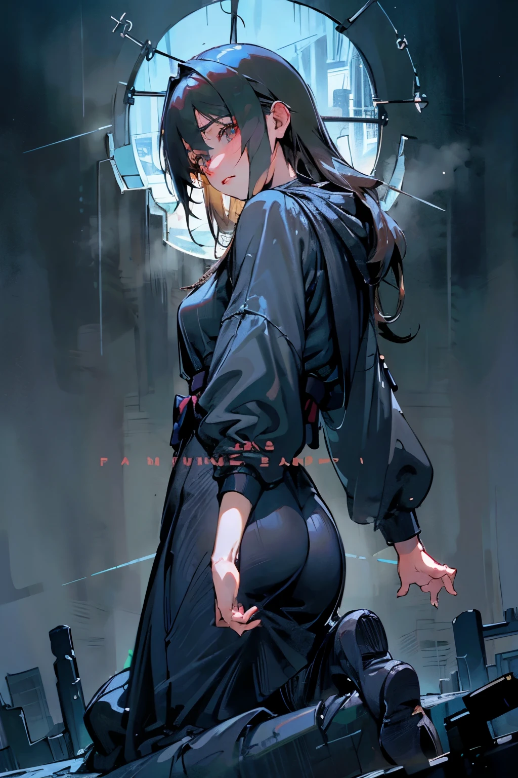 anime art "Project Kay", detailed scene, black color, perfect face, Young woman, thoughtful photo realism, trends on artstation, neon lights, rainy day, environment with transulation rays, Smooth movement, Stunning shadows, rust and dirt, details , urban sophistication, mysteriously handsome ninja, hypnotically created eyes, Glowing eyes, hypnotic eyes, detailsзированная мантия, Full body, hell on earth dark souls style, concept art of dark souls, винтажные аниме в стиле 90-х.