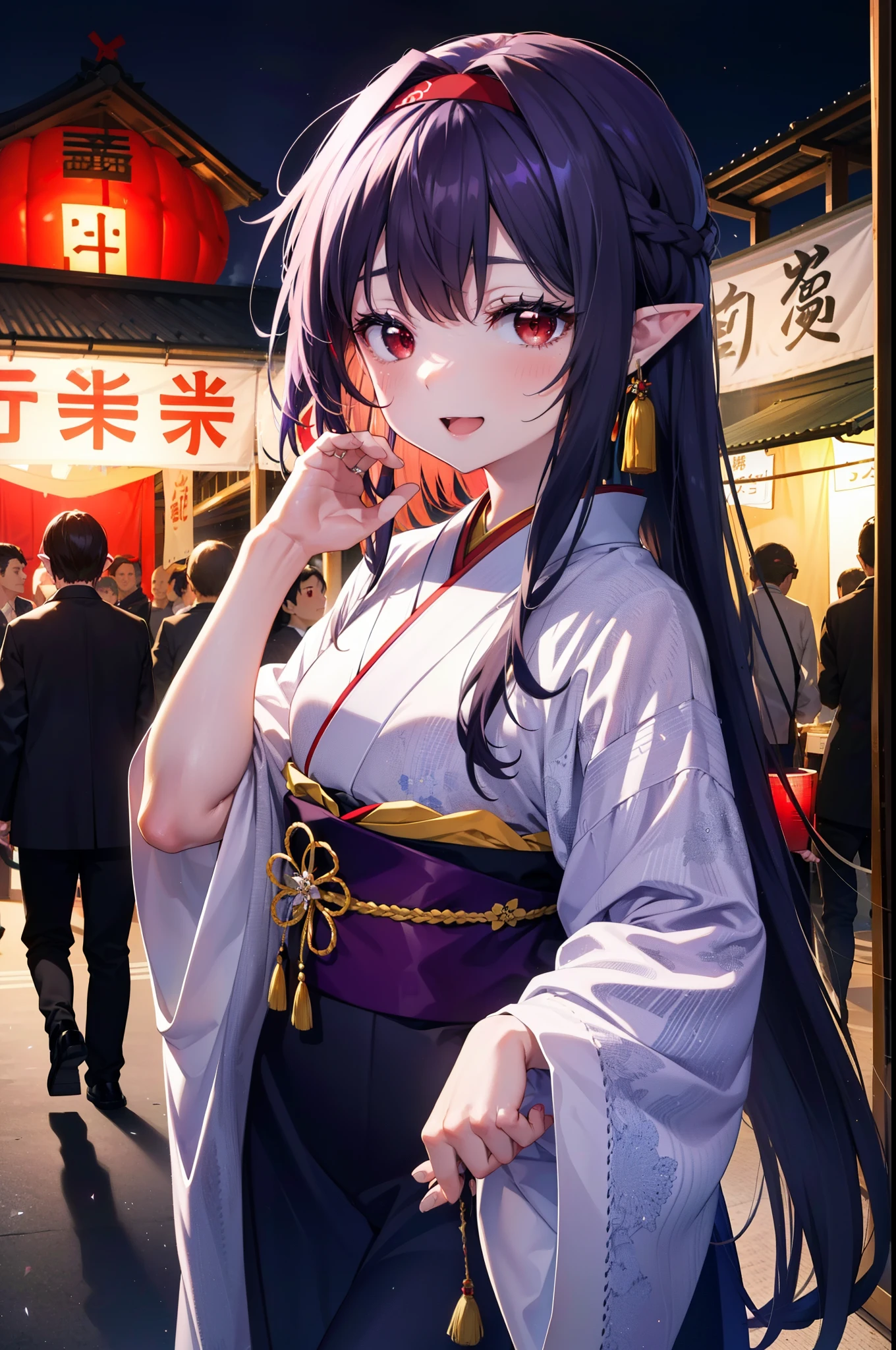 yuukikonno, Yuki Konno, hair band, Long Hair, Pointy Ears, Purple Hair, (Red eyes:1.5), (Small breasts:1.2), Open your mouth,Open your mouth,Long Hair,happy smile, smile, Open your mouth,Purple kimono,Long sleeve,Sandals,night空の花火,Fireworks display,Japanese Festivals,Summer festival food stalls,Red Lantern, night,whole bodyがイラストに入るように,Looking down from above,
break outdoors, shrine,                                              break looking at viewer,whole body,Upper Body,(Cowboy Shot:1. 5)
break (masterpiece:1.2), highest quality, High resolution, unity 8k wallpaper, (shape:0.8), (Beautiful and beautiful eyes:1.6), Highly detailed face, Perfect lighting, Extremely detailed CG, (Perfect hands, Perfect Anatomy),