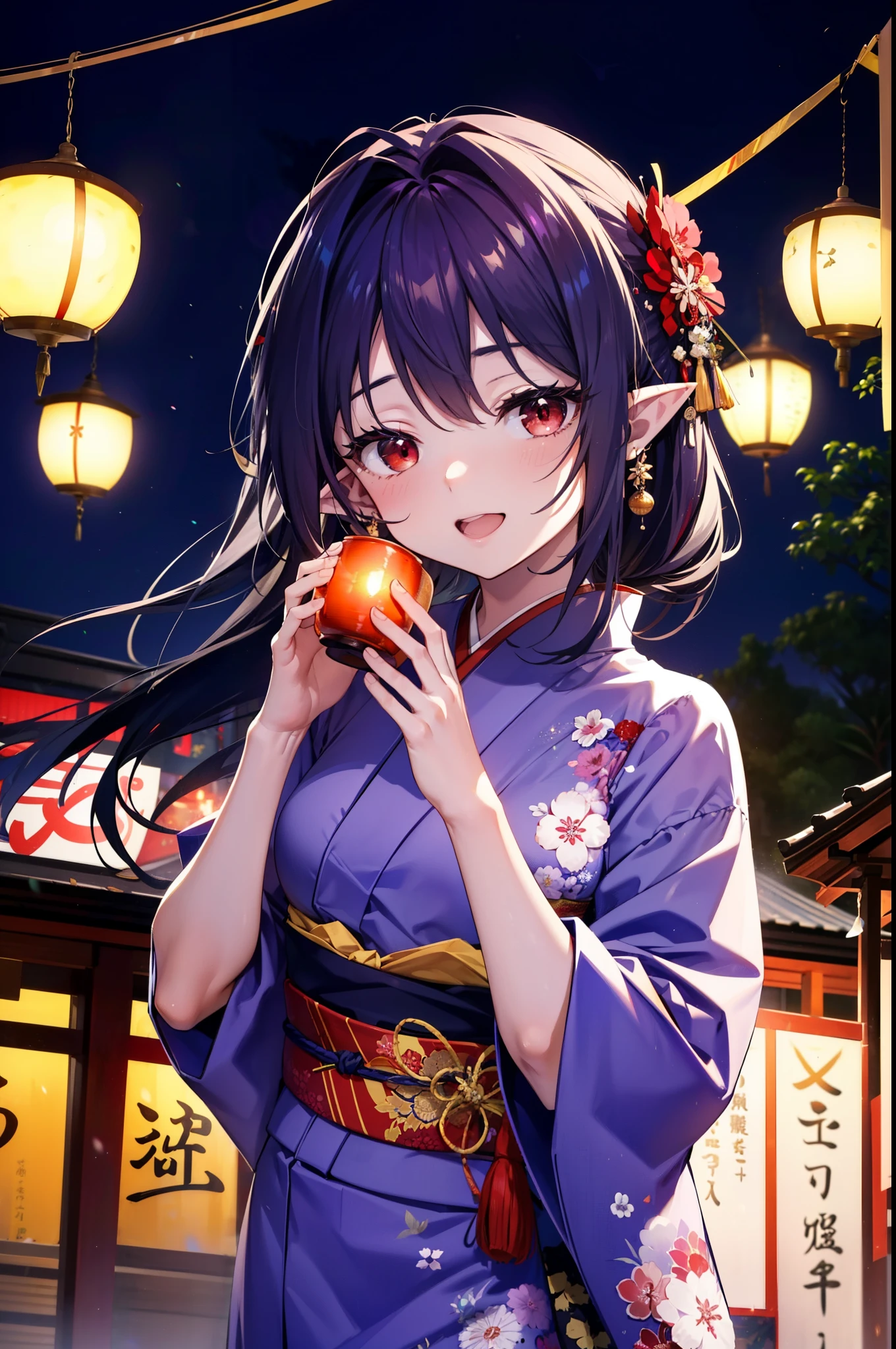 yuukikonno, Yuki Konno, hair band, Long Hair, Pointy Ears, Purple Hair, (Red eyes:1.5), (Small breasts:1.2), Open your mouth,Open your mouth,Long Hair,happy smile, smile, Open your mouth,Purple kimono,Long sleeve,Sandals,night空の花火,Fireworks display,Japanese Festivals,Summer festival food stalls,Red Lantern, night,whole bodyがイラストに入るように,Looking down from above,
break outdoors, shrine,                                              break looking at viewer,whole body,Upper Body,(Cowboy Shot:1. 5)
break (masterpiece:1.2), highest quality, High resolution, unity 8k wallpaper, (shape:0.8), (Beautiful and beautiful eyes:1.6), Highly detailed face, Perfect lighting, Extremely detailed CG, (Perfect hands, Perfect Anatomy),