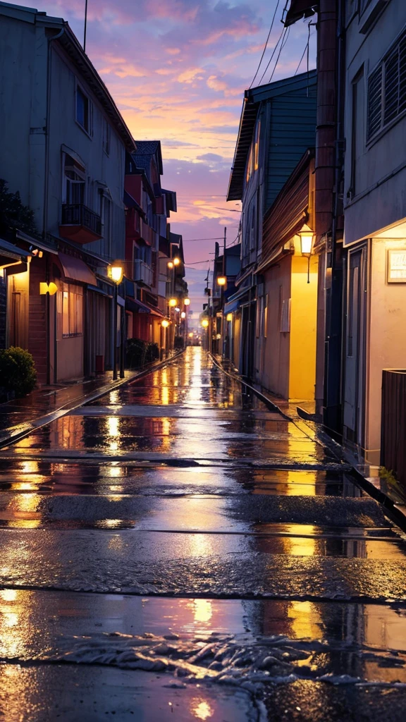picture of a view of a small town by the sea after rain at dusk, the roads and sidewalks are wet, some people are walking still using umbrellas, there are several puddles of water on the road which reflect the light from the street lamps, the sky is golden purple with orange clouds.