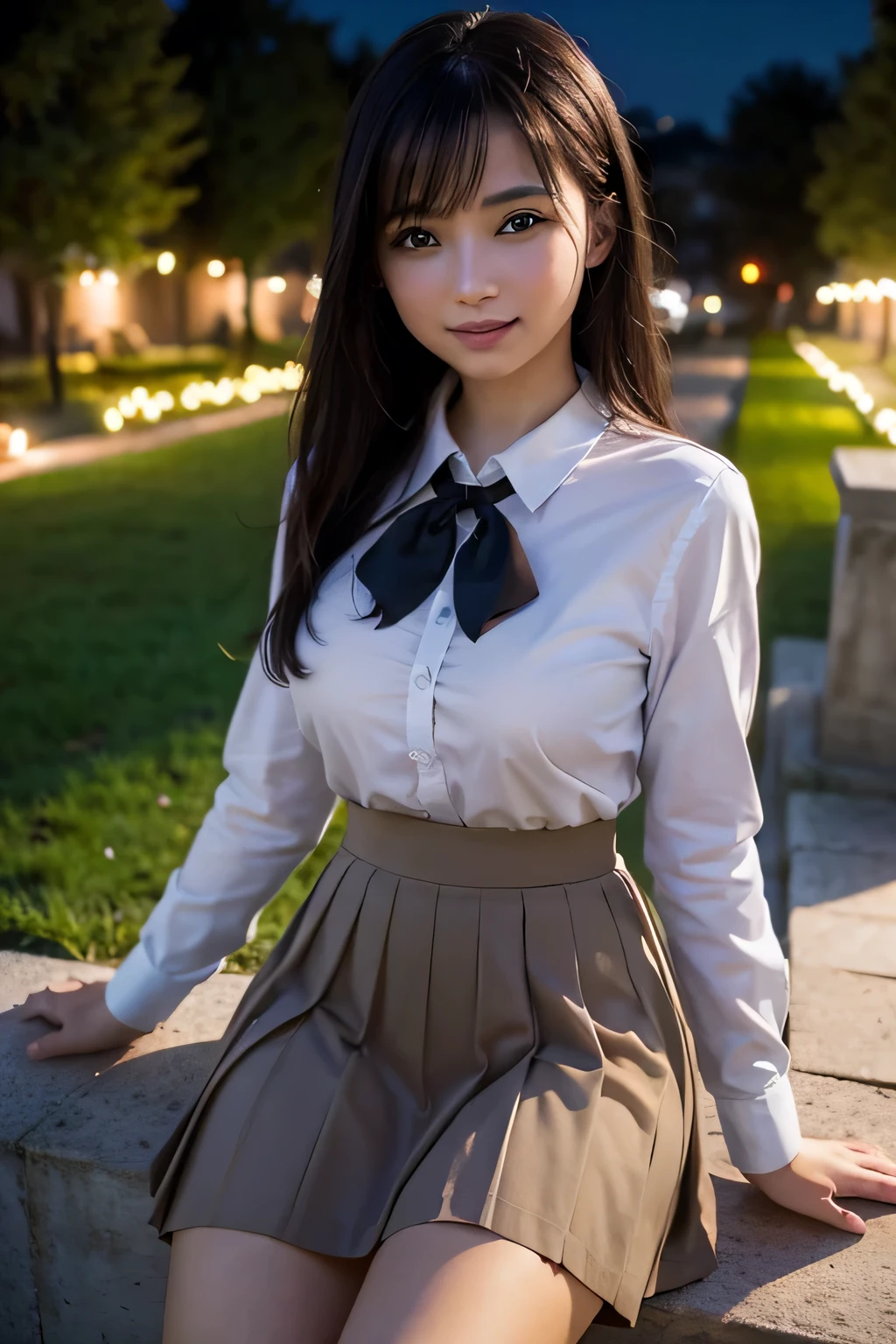 There is a woman who is in the cemiterio dawn, (8k, RAW photo, best quality, masterpiece: 1.2), (realistic, photo-realistic: 1.37), ultra-detailed, 1 girl, beautiful, solo, beautiful detailed sky, night, sitting, dating, (flushed nose), (smile: 1.1), medium breasts, beautiful detailed eyes, (collared shirt: 1.1), bow tie, pleated skirt,