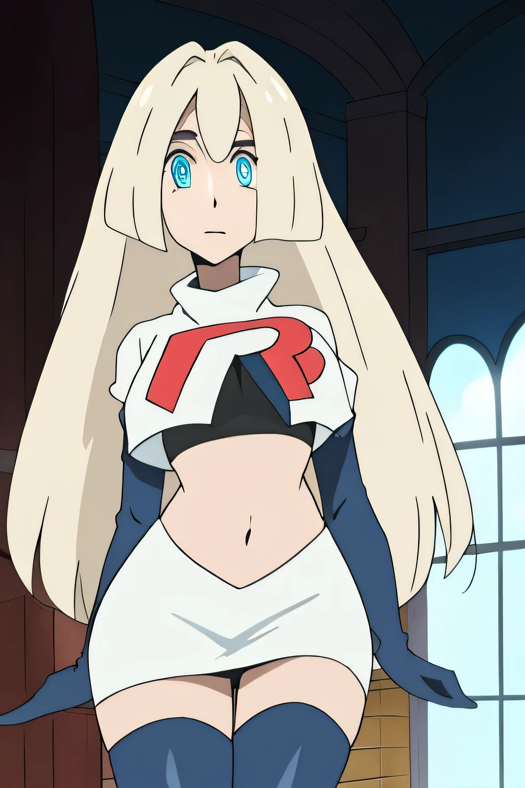 masterpiece,best quality,high res,high quality,pokemoncynthia, blonde hair, hair ornament, hair over one eye, long hair,8k, masterpiece,highres, team rocket uniform, red letter r, white skirt,white crop top,black thigh-high boots, black elbow gloves, glaring angrily, looking down at viewer, hands on hips, cowboy shot, zettai ryouiki,spread legs,from below, black panties,anime style, vivid colors, sharp focus, intense lighting,