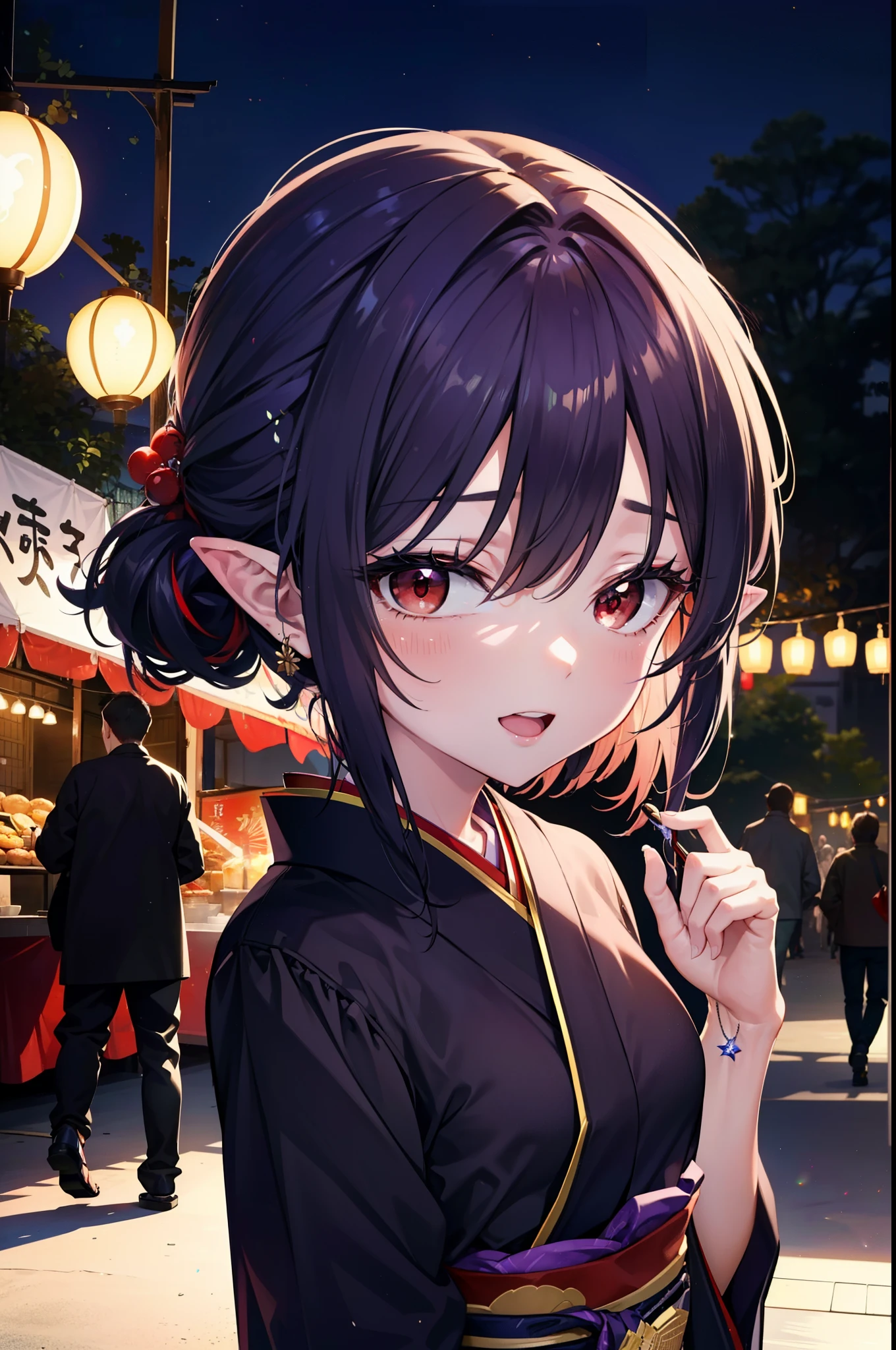 yuukikonno, Yuki Konno, hair band, Long Hair, Pointy Ears, Purple Hair, (Red eyes:1.5), (Small breasts:1.2), Open your mouth,Open your mouth,Long Hair,happy smile, smile, Open your mouth,Purple kimono,Long sleeve,Sandals,night空の花火,Fireworks display,Japanese Festivals,Summer festival food stalls,Red Lantern, night,whole bodyがイラストに入るように,Looking down from above,
break outdoors, shrine,                                              break looking at viewer,whole body,Upper Body,(Cowboy Shot:1. 5)
break (masterpiece:1.2), highest quality, High resolution, unity 8k wallpaper, (shape:0.8), (Beautiful and beautiful eyes:1.6), Highly detailed face, Perfect lighting, Extremely detailed CG, (Perfect hands, Perfect Anatomy),