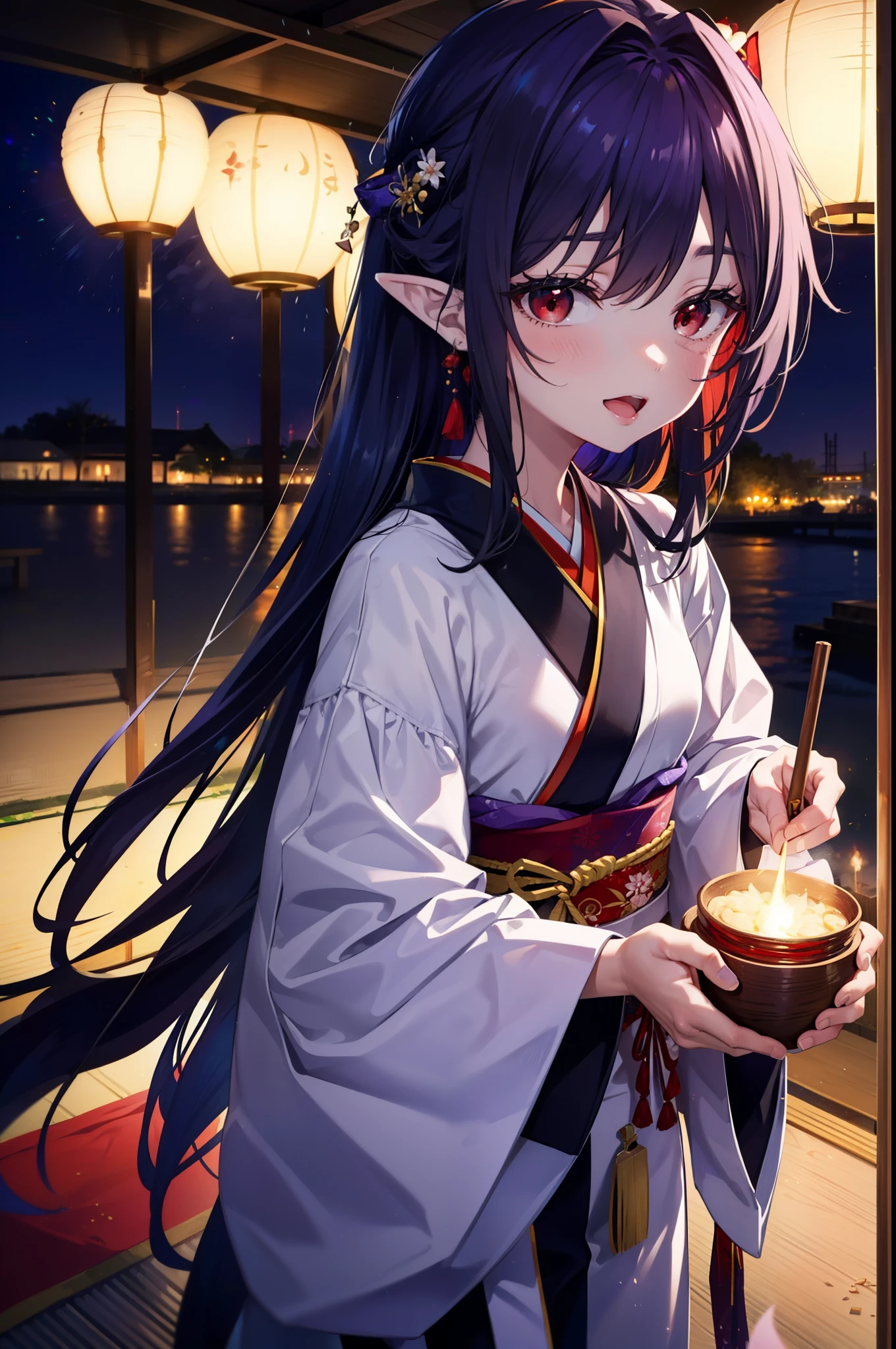 yuukikonno, Yuki Konno, hair band, Long Hair, Pointy Ears, Purple Hair, (Red eyes:1.5), (Small breasts:1.2), Open your mouth,Open your mouth,Long Hair,happy smile, smile, Open your mouth,Purple kimono,Long sleeve,Sandals,night空の花火,Fireworks display,Japanese Festivals,Summer festival food stalls,Red Lantern, night,whole bodyがイラストに入るように,Looking down from above,
break outdoors, shrine,                                              break looking at viewer,whole body,Upper Body,(Cowboy Shot:1. 5)
break (masterpiece:1.2), highest quality, High resolution, unity 8k wallpaper, (shape:0.8), (Beautiful and beautiful eyes:1.6), Highly detailed face, Perfect lighting, Extremely detailed CG, (Perfect hands, Perfect Anatomy),