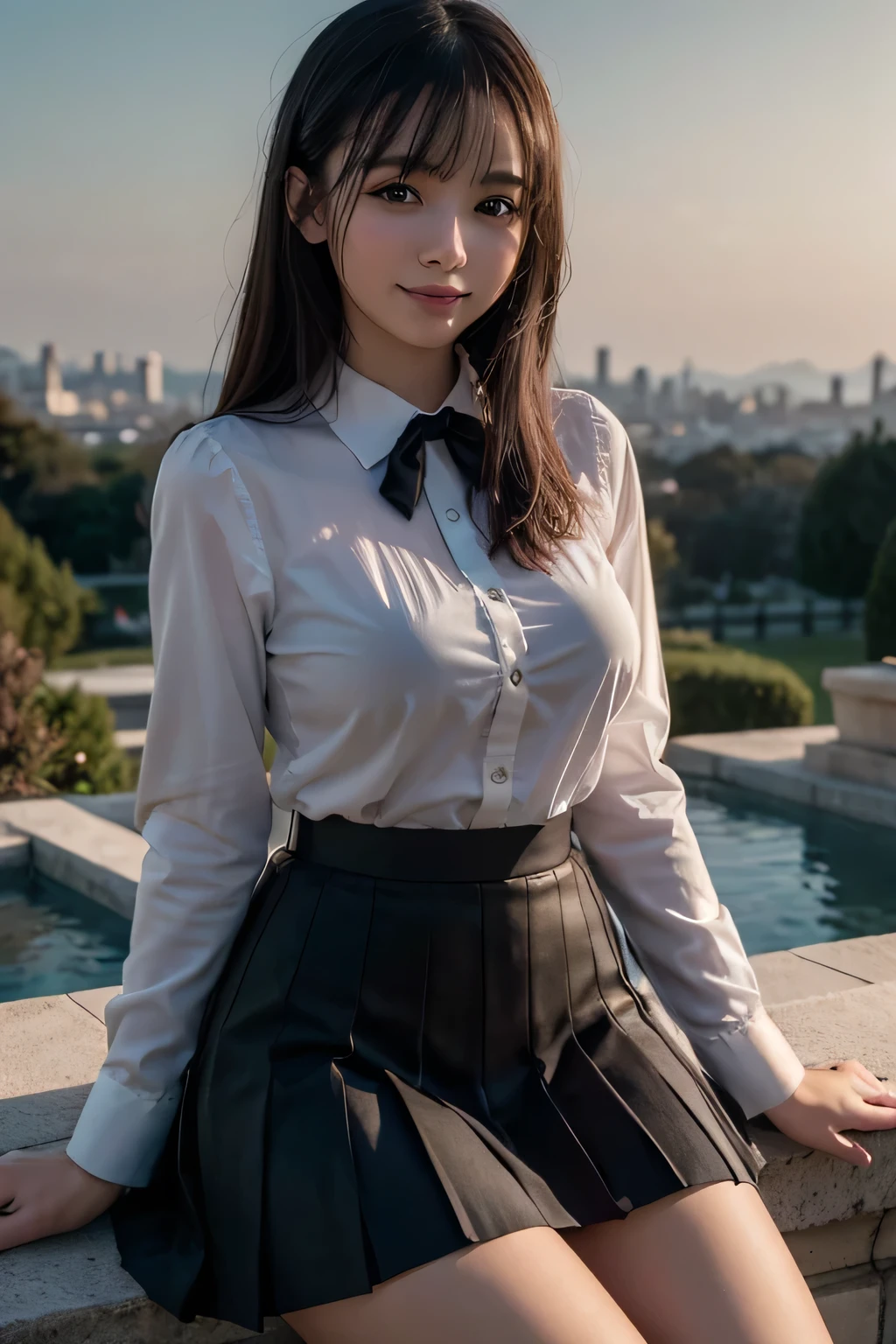 There is a woman who is in the cemiterio dawn, (8k, RAW photo, best quality, masterpiece: 1.2), (realistic, photo-realistic: 1.37), ultra-detailed, 1 girl, beautiful, solo, beautiful detailed sky, night, sitting, dating, (flushed nose), (smile: 1.1), medium breasts, beautiful detailed eyes, (collared shirt: 1.1), bow tie, pleated skirt,