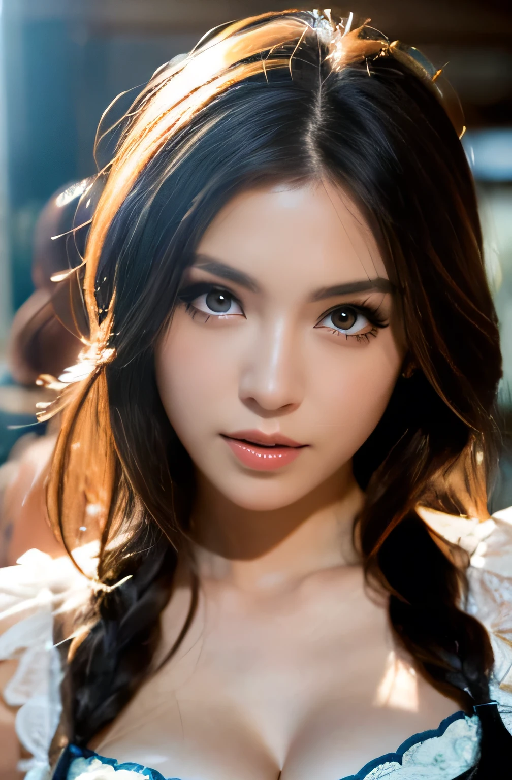 photograph, masterpiece, highest quality, (Long Hair:1.2), Bright eyes with attention to detail, Heavy eye makeup, mascara, Detailed Hair, Big Breasts, Cleavage, (detailed skin and pores:1.2),Slim waist, Bokeh, Depth of written boundary,  Lighting, , (play of light :1.2), Super detailed, Sexy mini dresses,Full body hip-raising pose , Pose 1.4. To the camera , Various shot angles 