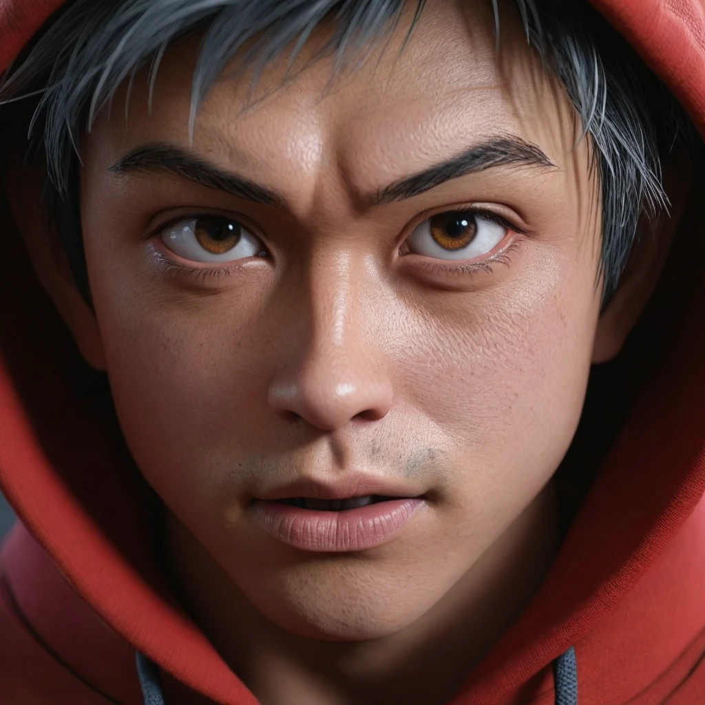 Close-up of a man wearing a red hoodie and red shirt., Goku, a realistic human, 8k highly detailed face, With a very detailed face., Realistic 3D anime, Hyper-realistic anime, 8K vertical rendering, hyper realistic cg, Akihiko Yoshida. unreal engine, Realistic facial mood lighting, Ultra-realistic facial details