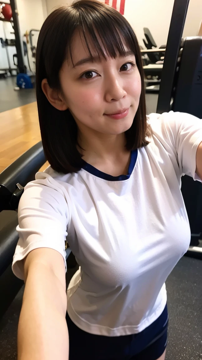 Black Hair、(bangs:1.3)、Semi-long hair、(Whitening:1.2)(White skin:1.4)(Big Breasts:1.3)、(School-designated gym clothes:1.5)(The upper body is a white short-sleeved gym uniform:1.4)(The lower half of the body is a navy blue tight bloomer:1.4)、Thighs exposed(Bedroom)、On the bed(Looking into the camera:1.3)、(Sweaty:1.4)(Oily skin:1.3)Portrait from head to thighs、(Facing forward)、(Focus on the groin)Leg spread