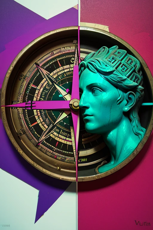 Create a background image by mixing a Greek sculpture with a compass , usando uma paleta de cores cor de rosa e violeta neon 