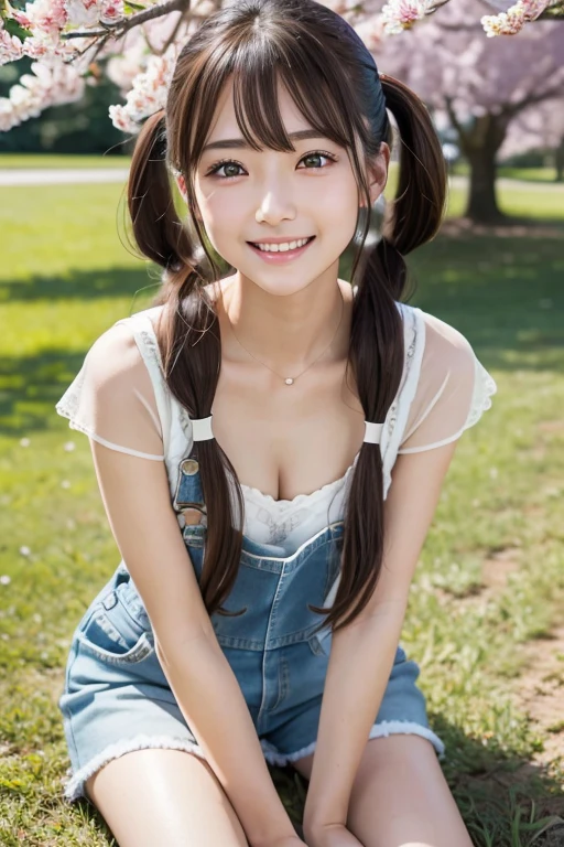 Slim and sharp facial contours、One Girl、(beautiful girl、Delicate girl:1.3)、(22 years old:1.3)、break、(Naked and in overalls:1.3)、break、Very beautiful eyes、(Symmetrical eyes:1.3)、break、(Cherry tree in full bloom:1.3)、Perfectly shaped and anthropomorphic fingers、break、Small breasts、Brown eyes、Parted bangs、Brown Hair、break、(Eye and facial details:1.0)、break、(masterpiece、highest quality、Very detailed) 、Detailed face、8k)、Full body view from the knee up、(blush、embarrassed 、short twintails、cleavage 、fingersmile)、Round Glasses、Sitting on the grass、Low - Angle