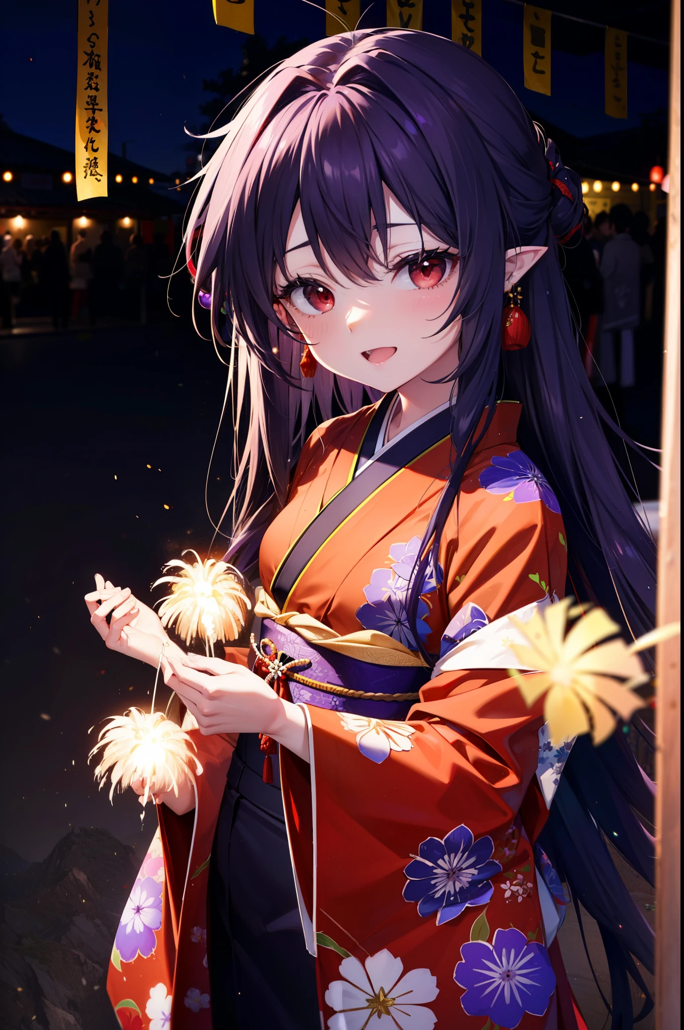 yuukikonno, Yuki Konno, hair band, Long Hair, Pointy Ears, Purple Hair, (Red eyes:1.5), (Small breasts:1.2), Open your mouth,Open your mouth,Long Hair,happy smile, smile, Open your mouth,Purple kimono,Long sleeve,Sandals,night空の花火,Fireworks display,Japanese Festivals,Summer festival food stalls,Red Lantern, night,whole bodyがイラストに入るように,Looking down from above,
break outdoors, shrine,                                              break looking at viewer,whole body,Upper Body,(Cowboy Shot:1. 5)
break (masterpiece:1.2), highest quality, High resolution, unity 8k wallpaper, (shape:0.8), (Beautiful and beautiful eyes:1.6), Highly detailed face, Perfect lighting, Extremely detailed CG, (Perfect hands, Perfect Anatomy),