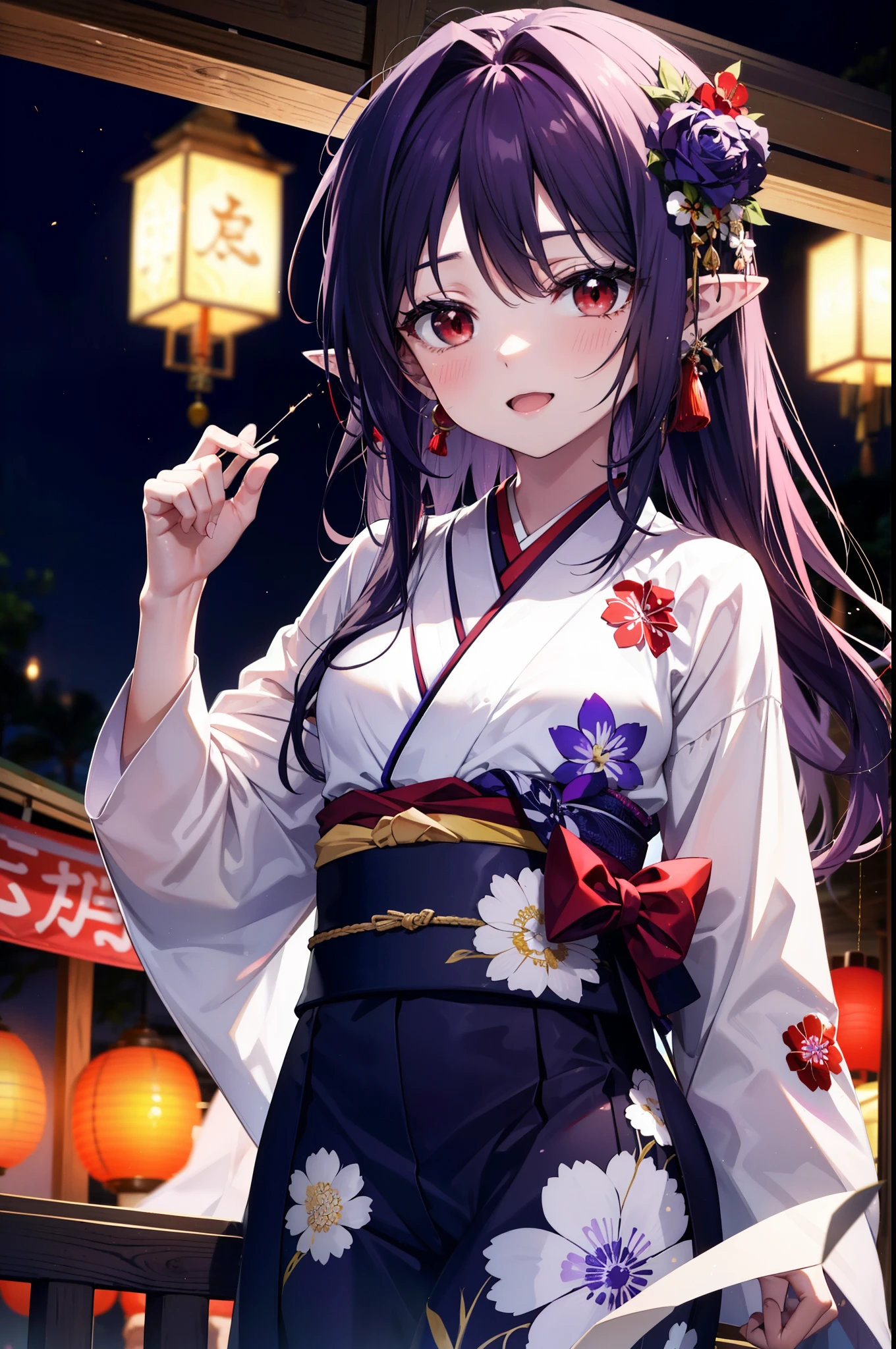 yuukikonno, Yuki Konno, hair band, Long Hair, Pointy Ears, Purple Hair, (Red eyes:1.5), (Small breasts:1.2), Open your mouth,Open your mouth,Long Hair,happy smile, smile, Open your mouth,Purple kimono,Long sleeve,Sandals,night空の花火,Fireworks display,Japanese Festivals,Summer festival food stalls,Red Lantern, night,whole bodyがイラストに入るように,Looking down from above,
break outdoors, shrine,                                              break looking at viewer,whole body,Upper Body,(Cowboy Shot:1. 5)
break (masterpiece:1.2), highest quality, High resolution, unity 8k wallpaper, (shape:0.8), (Beautiful and beautiful eyes:1.6), Highly detailed face, Perfect lighting, Extremely detailed CG, (Perfect hands, Perfect Anatomy),