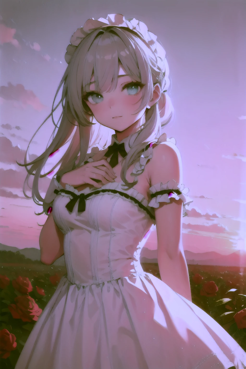 ((best quality)), ((masterpiece)), (detailed), perfect face, long silver hair, ponytail, sky blue eyes, white ta dress, rose bushes, sunset