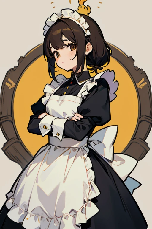 Chica, cabello corto cafe, traje de Maid
