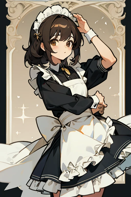 Chica, cabello corto cafe, traje de Maid