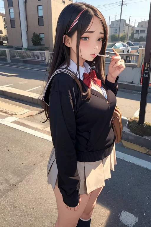 (highest quality, masterpiece,High school girl smoking a cigarette1people々、Sulky face)、((View the whole body))、(((school uniform)))、
Camel Toe、Giant tit、Nipple Puffs、Cleavage、Plump、Super big breasts、Super big butt