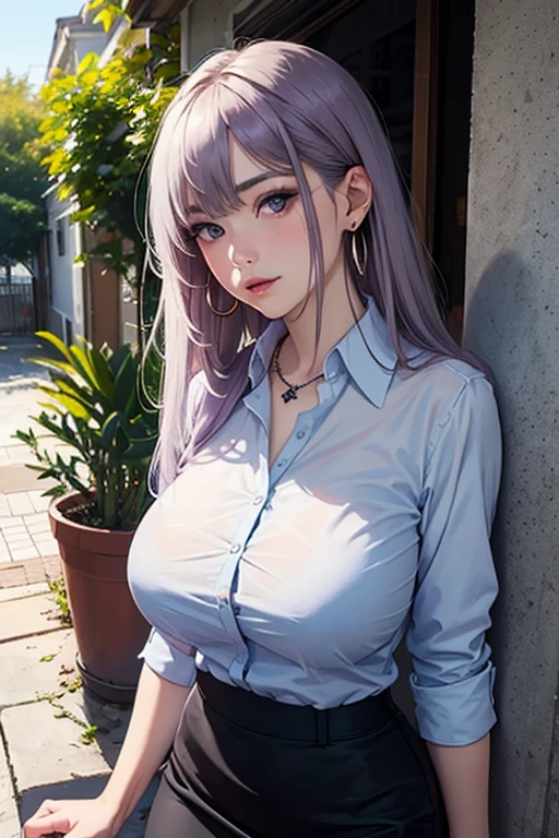 8k,(masterpiece:1.0),(best_quality:1.0),((light_purple_long_hair)),((light blue office blouse)),((gray pencil skirt)),((black pantuhose)),1girl,solo,light_blue_eyes,earrings, front-tie_top, necklace,upper body, blush face,hentai face, show nude tits (half-closed eyes:0.7),(large_Breasts:1.2),sexy body,outdoors,sunlight,looking at viewer,