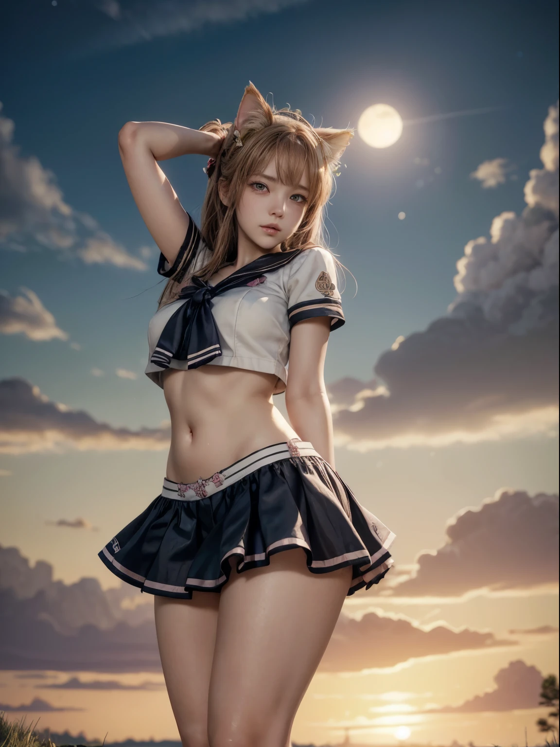 Masterpiece,Best quality,offcial art,Extremely detailed Cg Unity 8K wallpaper, on a grassy field, Beautiful detailed sky, incredibly_absurderes, 1girll, Brown eyes, Medium breasts, sailor suite, Bare legs, arms back behind ,Pink cat ears,(oyamamihari),yokozuwari,Dusk,Sunset,Close up,