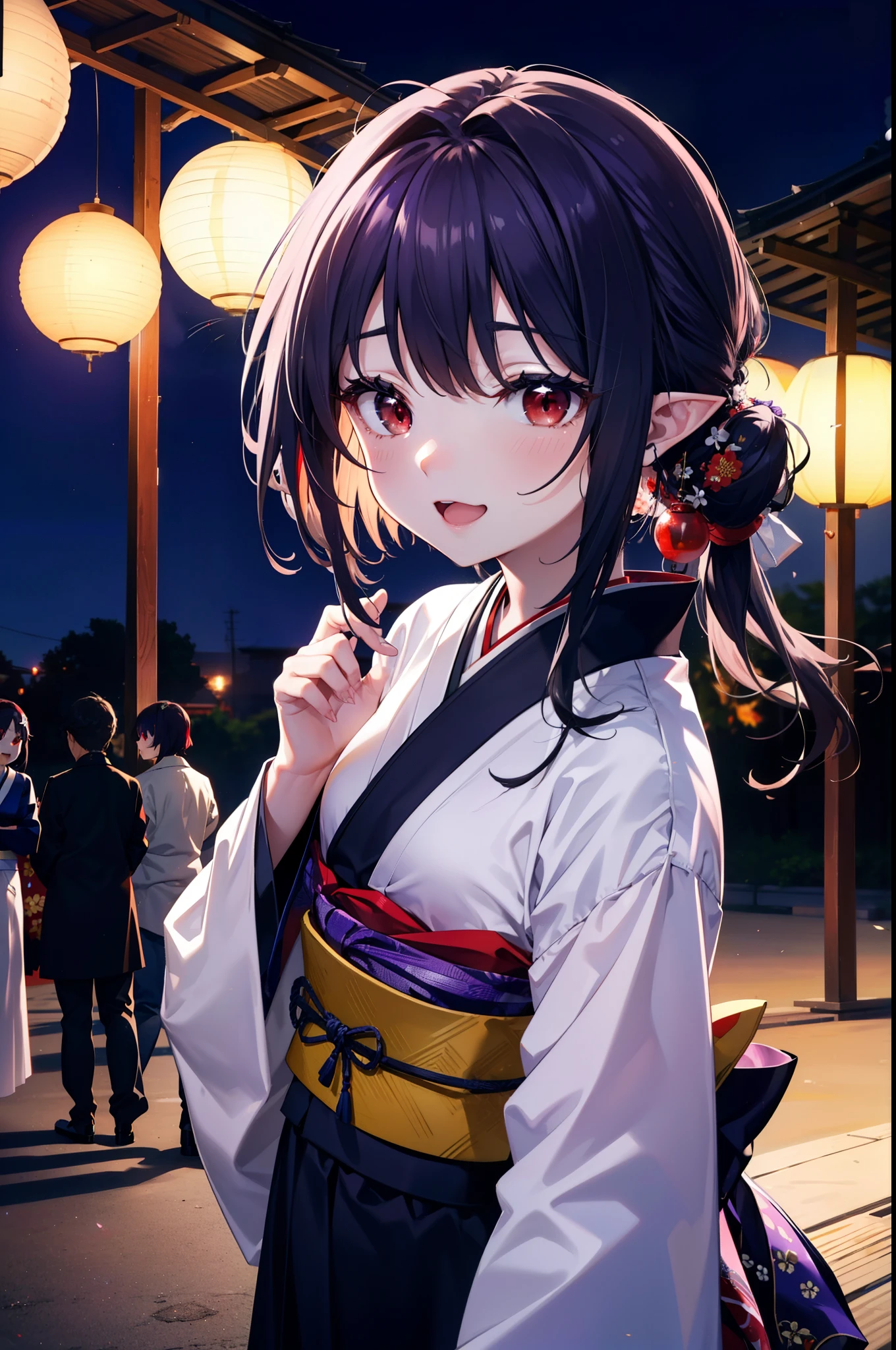 yuukikonno, Yuki Konno, hair band, Long Hair, Pointy Ears, Purple Hair, (Red eyes:1.5), (Small breasts:1.2), Open your mouth,Open your mouth,Long Hair,happy smile, smile, Open your mouth,Purple kimono,Long sleeve,Sandals,night空の花火,Fireworks display,Japanese Festivals,Summer festival food stalls,Red Lantern, night,whole bodyがイラストに入るように,Looking down from above,
break outdoors, shrine,                                              break looking at viewer,whole body,Upper Body,(Cowboy Shot:1. 5)
break (masterpiece:1.2), highest quality, High resolution, unity 8k wallpaper, (shape:0.8), (Beautiful and beautiful eyes:1.6), Highly detailed face, Perfect lighting, Extremely detailed CG, (Perfect hands, Perfect Anatomy),