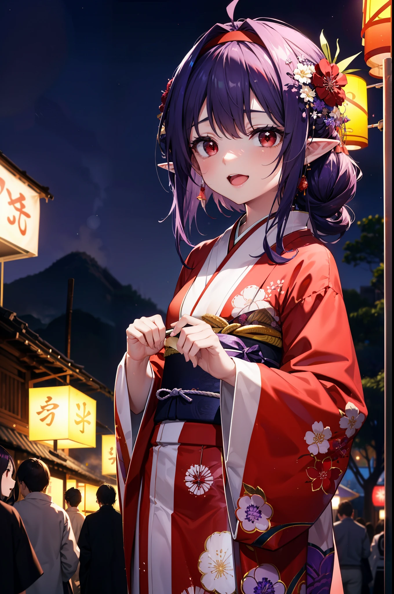 yuukikonno, Yuki Konno, hair band, Long Hair, Pointy Ears, Purple Hair, (Red eyes:1.5), (Small breasts:1.2), Open your mouth,Open your mouth,Long Hair,happy smile, smile, Open your mouth,Purple kimono,Long sleeve,Sandals,night空の花火,Fireworks display,Japanese Festivals,Summer festival food stalls,Red Lantern, night,whole bodyがイラストに入るように,Looking down from above,
break outdoors, shrine,                                              break looking at viewer,whole body,Upper Body,(Cowboy Shot:1. 5)
break (masterpiece:1.2), highest quality, High resolution, unity 8k wallpaper, (shape:0.8), (Beautiful and beautiful eyes:1.6), Highly detailed face, Perfect lighting, Extremely detailed CG, (Perfect hands, Perfect Anatomy),