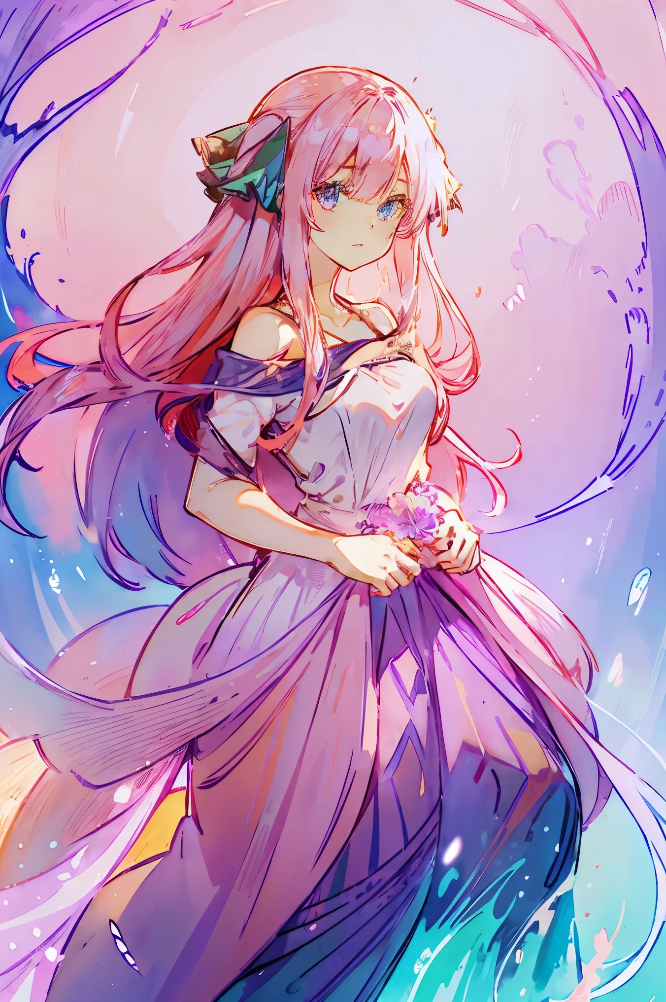 beautiful girl, gradient lilac ballgown, flowing pink red hair, minimal lilac themed background, watercolor illustration, disney art style, standing, looking at viewer flowing glowing hair, glowing flowing hair, fantasia otherworldly landscape, beautiful, masterpiece, best quality, nino nakano, hair ribbons, long pink silky hair, blue eyes