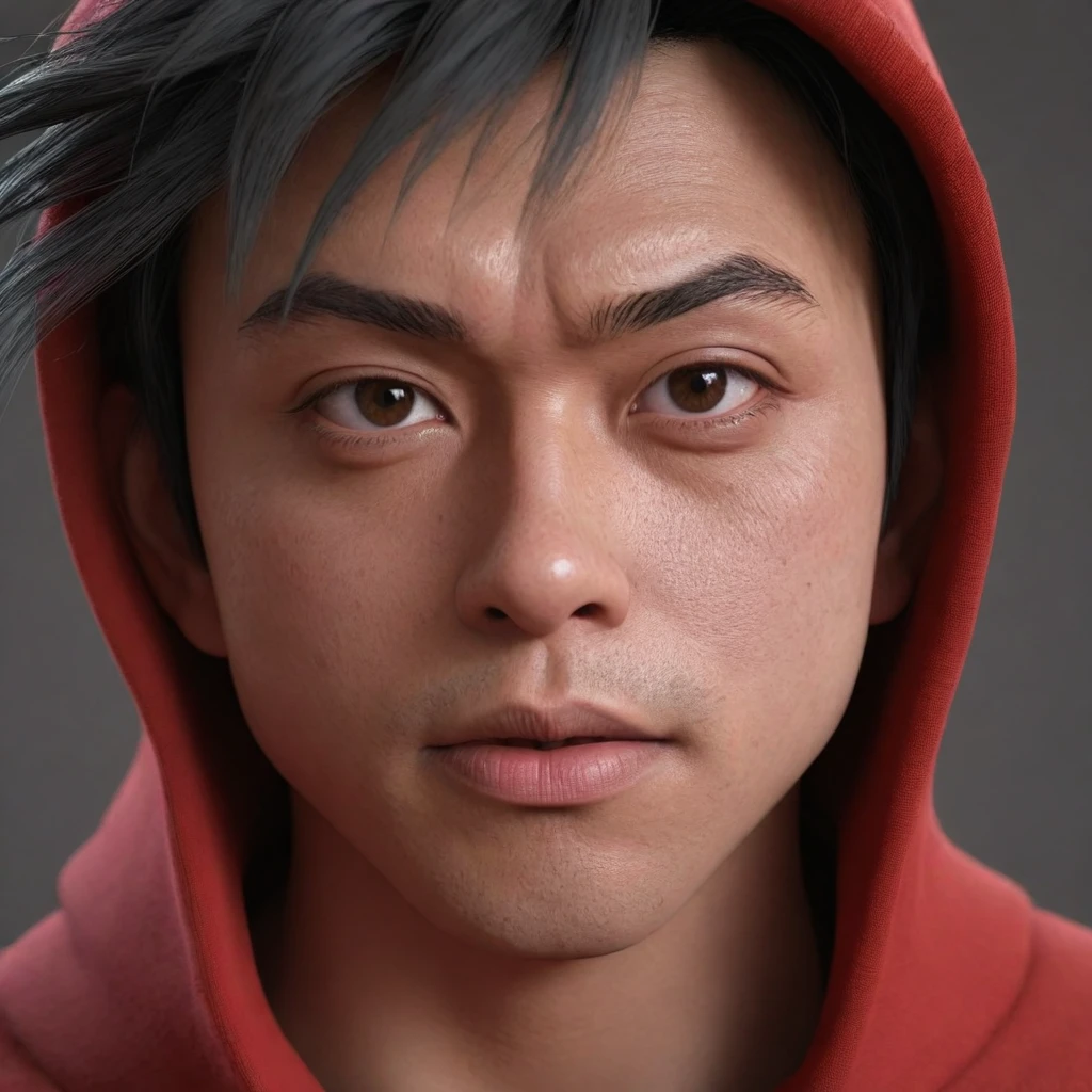 Medium shot of a man wearing a red hoodie and red shirt., Goku, a realistic human, 8k highly detailed face, With a very detailed face., Realistic 3D anime, Hyper-realistic anime, 8K vertical rendering, hyper realistic cg, Akihiko Yoshida. unreal engine, Realistic facial mood lighting, Ultra-realistic facial details