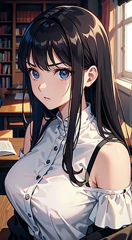 （tmasterpiece），（best qualtiy），（highly  detailed），（illustratio），（Ultra-high resolution）one-girl，Off-the-shoulder attire，astonishment，tutor，Black color hair，straight long hair，white  shirt，Mature woman，40-year-old woman，Large breasts，scowling，Top-down view，Close-up shot，Write homework，inside in room，bookshelves，desks