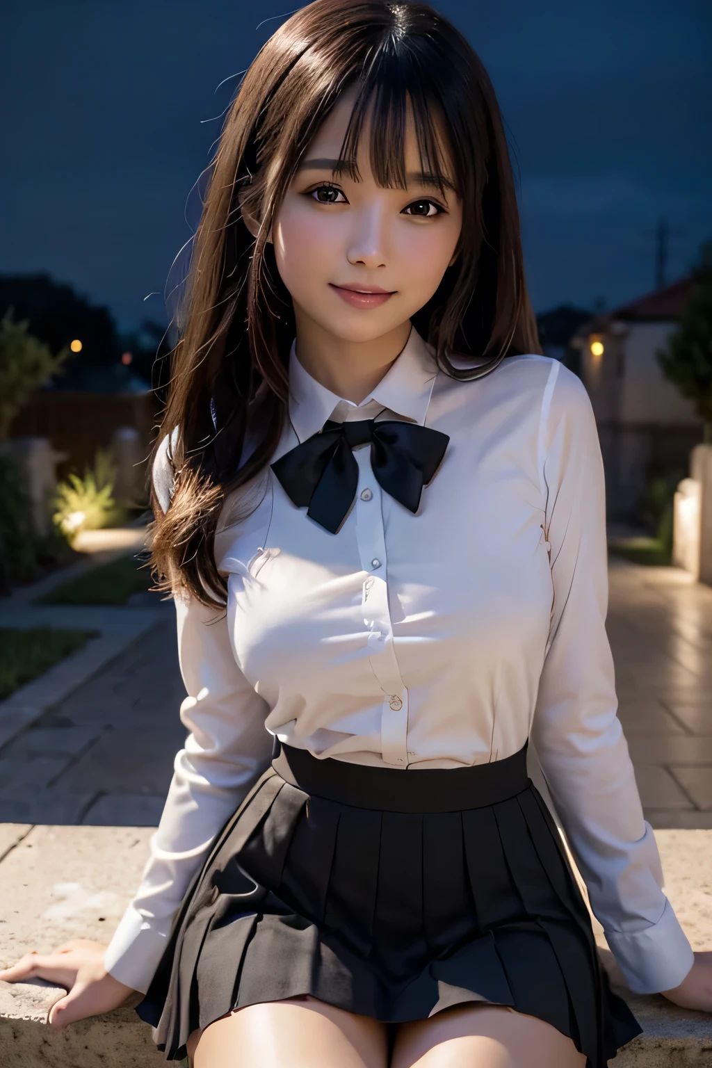 There is a woman who is in the cemiterio dawn, (8k, RAW photo, best quality, masterpiece: 1.2), (realistic, photo-realistic: 1.37), ultra-detailed, 1 girl, beautiful, solo, beautiful detailed sky, night, sitting, dating, (flushed nose), (smile: 1.1), medium breasts, beautiful detailed eyes, (collared shirt: 1.1), bow tie, pleated skirt,