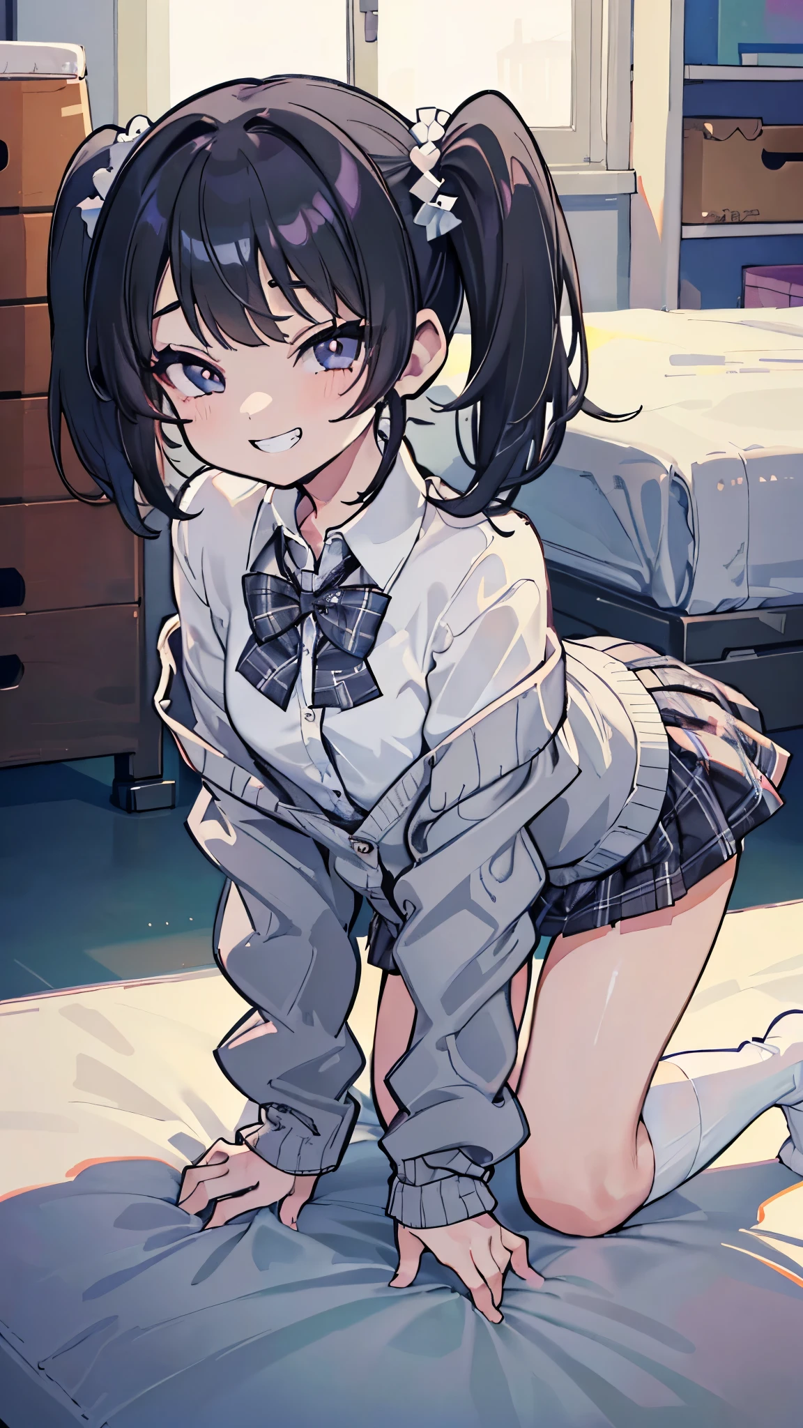 (8k、Best image quality、highest quality、masterpiece)、Detailed face、One girl、Black Hair、twintails、Grey Eyes、evil smile、((Grin))、Small breasts、((White collared shirt))、((cardigan))、((Plaid skirt))、((white panties))、((On all fours))、((white buggysocks))、Pretend、Shoot from behind、Gym storeroom