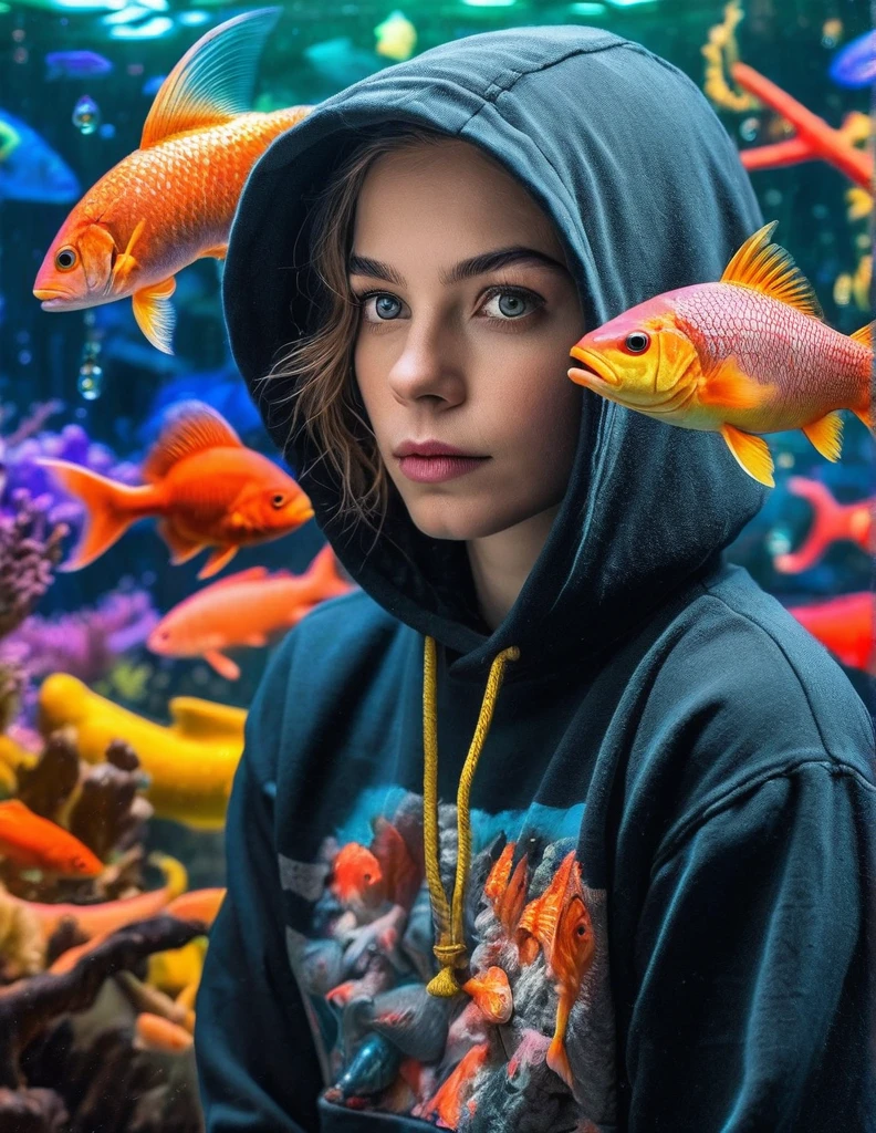 portrait of ((ohwx woman)) wearing black hoodie, by norman rockwell. high detail painting 8k resolution hd digital art trending on Artstation and behance detailed photo 85 acadmm f/1 1 4 rendered in octane engine unreal 5 with ambient light from the right side of her face is floating underwater! colorful fish!! intricate details dramatic lighting hyper realistic volumetric shadows depth fog lens bokeh background award winning photograph portrait studio photography 35 