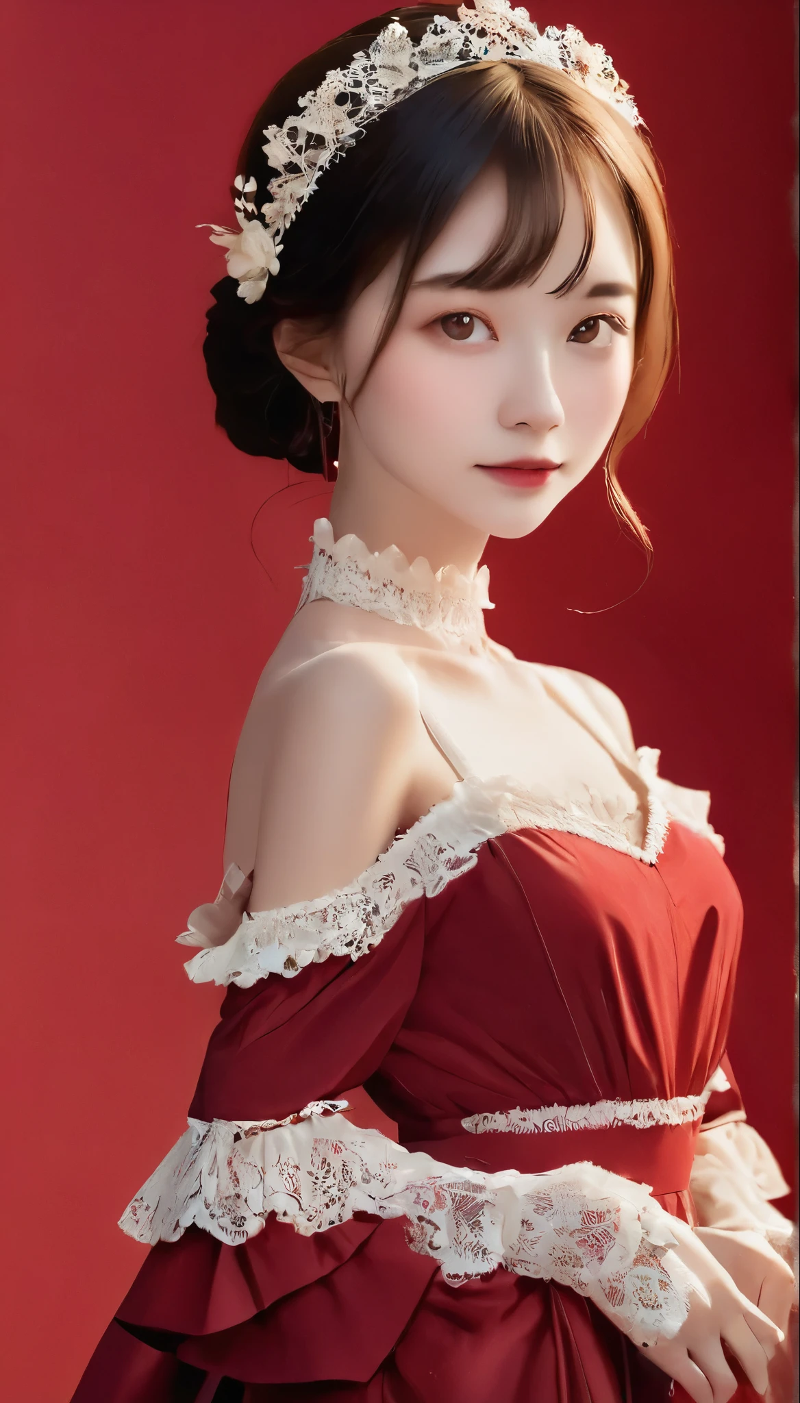 Young woman standing in front of a crimson background、She is wearing a gorgeous red dress。The dress is decorated with lace and frills.、Exposed shoulder design.。The Woman'Long hair is soft and wavy、Her head is adorned with a red flower hair accessory..。Gorgeous gold earrings dangle from her ears..。
The Woman'His face is full of confidence、The slightly sad eyes are characteristic.。The details on the dress are exquisite、The floral decoration on the chest is particularly eye-catching..。Butterflies fluttering in the background.、Creates a fantastic and romantic atmosphere.。
as a whole、Feminine beauty and passionate red stand out.、Gives a dramatic and elegant look。