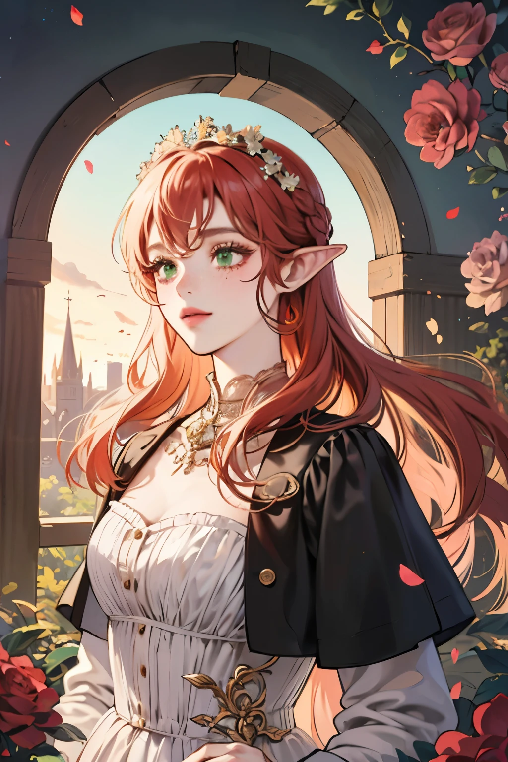 woman, beautiful, redhead, side part hairstyle, dark green eyes, flower crown, pink roses, dress, princess, fantasy, elf, freckles