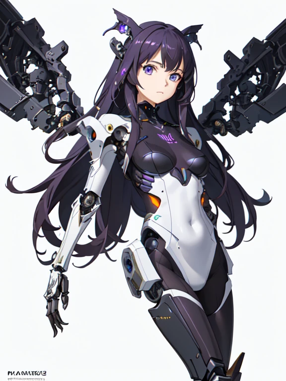 masterpiece, best quality, movie, official art, promotional art, movie wallpaper, extremely detailed CG unity 4k wallpaper, intricate details, white background, full body, concept art, production art, (Mechanical components:1.5),(mechanical prosthesis:1.5), mechanical wings, wings, highres, (realistic, photo-realistic:1.2), physically-based rendering, machinery, reflection, realistic, cyberpunk, symmetric front view close up head shot eyes symmetry face very sharp focus realistic award winning matte drawing cinematic lighting, 1girl, robot, (illustration:1.1), slim, Inazuma symbol, electro symbols, fair skin,delicate face, tights,shine, black bodysuit, (purple long hair), purple eyes, laboratory, chip, shine, long braided hair