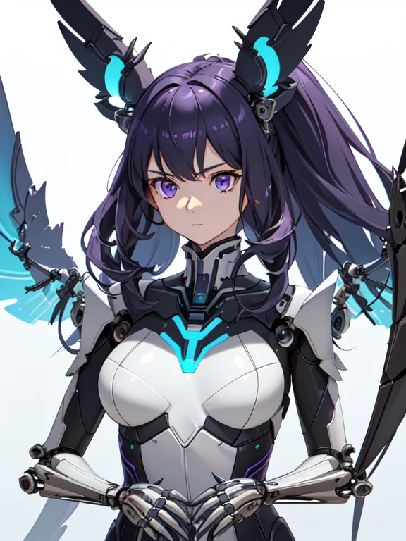 masterpiece, best quality, movie, official art, promotional art, movie wallpaper, extremely detailed CG unity 4k wallpaper, intricate details, white background, full body, concept art, production art, (Mechanical components:1.5),(mechanical prosthesis:1.5), mechanical wings, wings, highres, (realistic, photo-realistic:1.2), physically-based rendering, machinery, reflection, realistic, cyberpunk, symmetric front view close up head shot eyes symmetry face very sharp focus realistic award winning matte drawing cinematic lighting, 1girl, robot, (illustration:1.1), slim, Inazuma symbol, electro symbols, fair skin,delicate face, tights,shine, black bodysuit, (purple long hair), purple eyes, laboratory, chip, shine, long braided hair