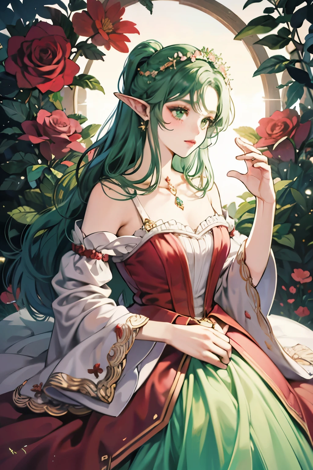 woman, beautiful, redhead, side part hairstyle, dark green eyes, flower crown, pink roses, dress, princess, fantasy, elf, freckles