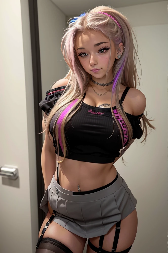 Breckie Hill, rainbow muti colored hair, 8k, MAKEUP, ((( she is a cheerleader ))), wears a short school girl skirt, very nice perfect cleavage, lots of jewelry, a lot of ghetto tattoos on arms belly back legs, real person, navel piercing, ((very very large gap between thighs )), small shoulders, ((thong garter belt and stockings)), random Pose, cute black eyeliner,