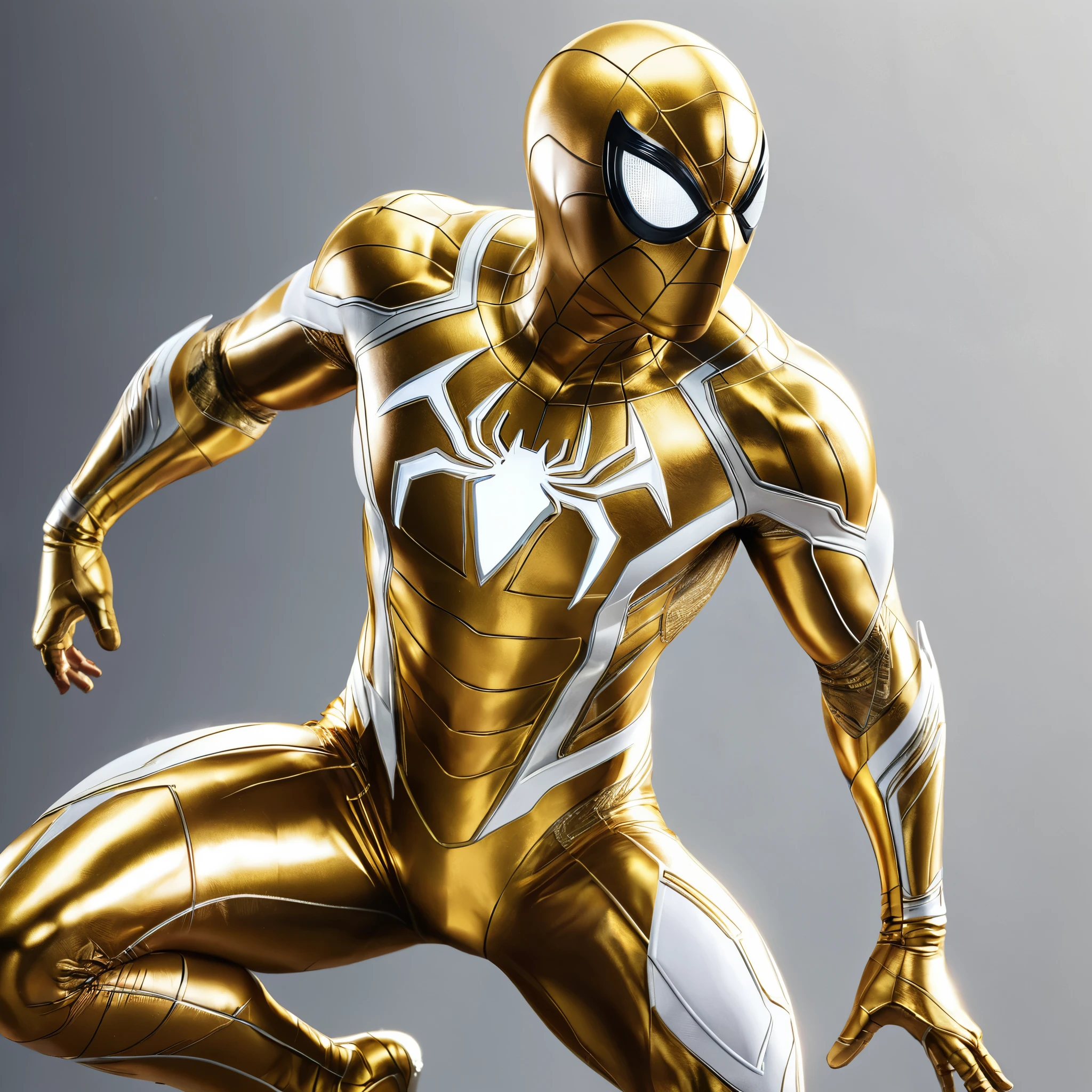 Spider-man with a Gold and white costume suit, Game Artwork style, highly detailed, perfectly human anatomy