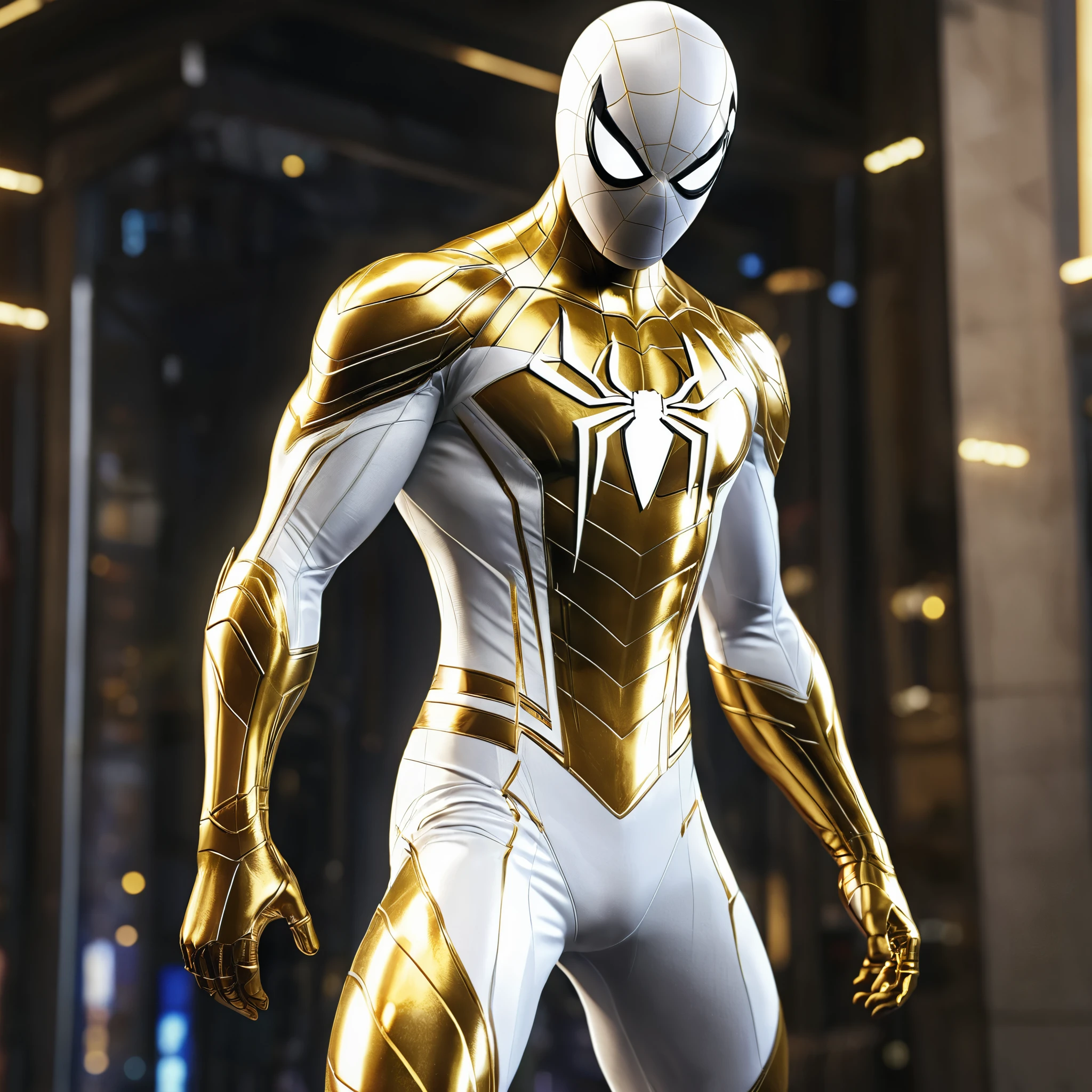 Spider-man with a Gold and white costume suit, Game Artwork style, highly detailed, perfectly human anatomy