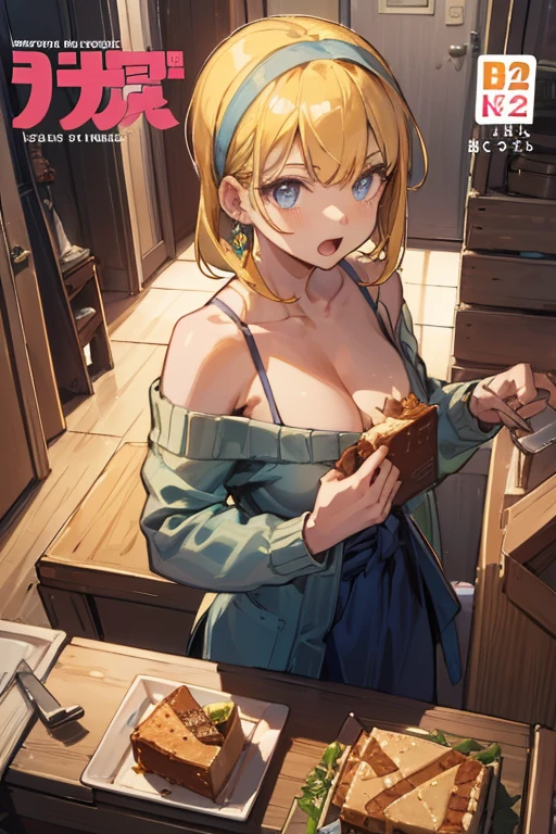 (small breasts:1.3), (perky chest:1.1), (pointed chest:1.0), (Pudding cake magazine cover:1.3),(from above:1.0),(from side:0.9),masterpiece, 1girl, Amazing Cleavage:1.1, thin waist, big ass, Raised sexy, small breast: 1.3, sexy posed cleavage:1.2,solo, open mouth, have a cute grass of cute beergrass,bronde hair, dark blue eyes, dress, bare shoulders, jewelry, collarbone, sidelocks, hairband, earrings, indoors, off shoulder, sweater, arms behind back, plant, short hair with long locks, gild hairband, sweater dress:1.2, off-shoulder sweater, red sweater, dark gord hair, big side hair, very long side hair,is rendered in (masterpiece: 1.2, best quality), with (ultra high resolution) and an exquisite (depth of field). This masterpiece is not only visually stunning but also tells,A scene of cooking in the kitchen in the classroom ,looking at viewer,