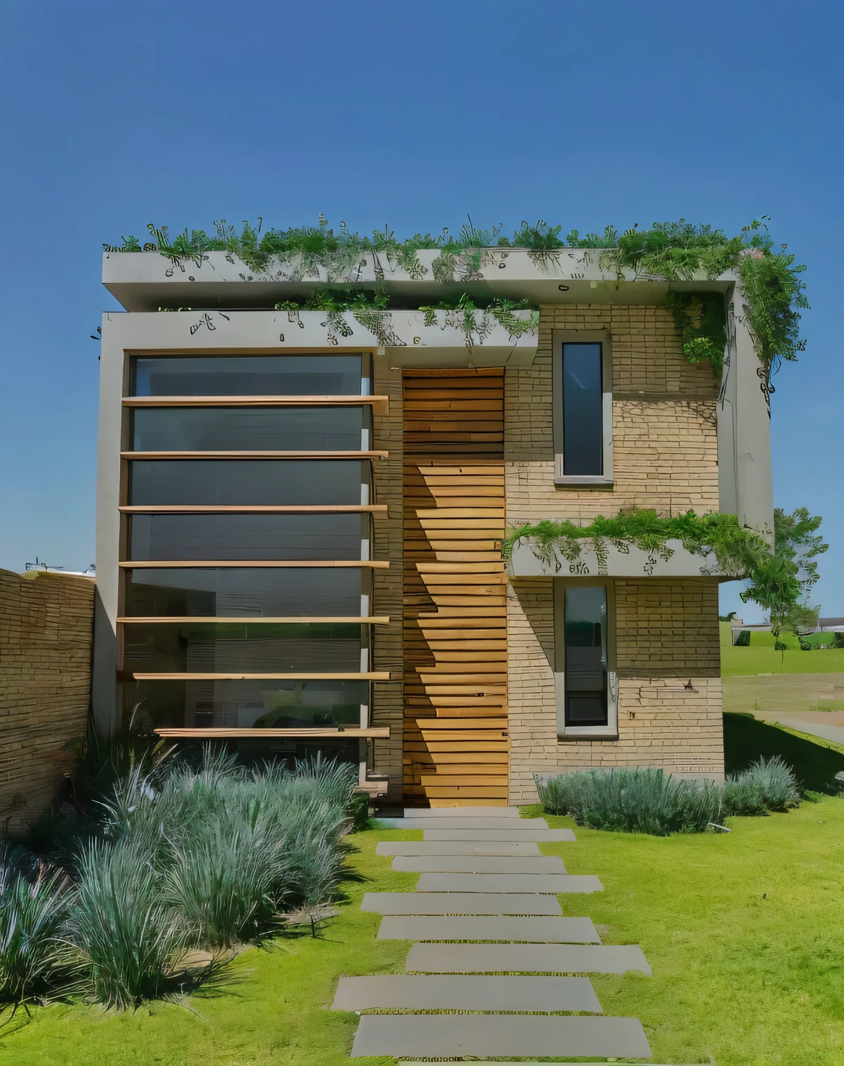 A photograph of a modern house with exposed brick walls, there is a large wooden door and a large glass window with a wooden brise, planters with plants, in a garden stone path and lawn, in the background a beautiful blue sky super resolution, cinematic, color grading, editorial photography, photography, photo shoot, (((dramatic front eye top angle view))), O 50mm, depth of field, intricate details, natural colors, sharp focus, warm light, shutter speed 1/1000, F/22, White Balance, Ray Trace Reflections, Lumen Reflections, Screen Space Reflections, Diffraction Rating, Chromatic Aberration, GB Shift, Partial Lighting, Backlighting, Daylighting, Scan Lines, ambient occlusion, antialiasing, shaders, OpenGL-Shaders, GLSL-Shaders, Post-processing, post-production, shading, tone mapping, incredibly detailed and complex, hypermaximalist, elegant, hyperrealistic, super detailed, dynamic pose, Fujifilm XT
