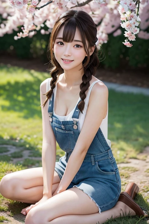 Slim and sharp facial contours、One Girl、（beautiful girl、Delicate girl：1.3）、（22 years old：1.3）、break、（Naked and in overalls：1.3）、break、Very beautiful eyes、（Symmetrical eyes：1.3）、break、（Cherry tree in full bloom:1.3)、Perfectly shaped and anthropomorphic fingers、break、Small breasts、Brown eyes、Parted bangs、Brown Hair、break、(Eye and facial details:1.0)、break、(masterpiece、highest quality、Very detailed) 、Detailed face、8k）、Full body view from the knee up、(blush、embarrassed 、short twintails、cleavage 、fingersmile)、Round Glasses、Sitting on the grass、Low - Angle