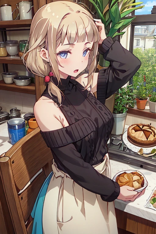 (small breasts:1.3), (perky chest:1.1), (pointed chest:1.0), (Pudding cake magazine cover:1.3)，(from above:1.0),(from side:0.9),masterpiece, 1girl, Amazing Cleavage:1.1, thin waist, big ass, Raised sexy, small breast: 1.3, sexy posed cleavage:1.2,solo, open mouth, have a cute grass of cute beergrass,bronde hair, dark blue eyes, dress, bare shoulders, jewelry, collarbone, sidelocks, hairband, earrings, indoors, off shoulder, sweater, arms behind back, plant, short hair with long locks, gild hairband, sweater dress:1.2, off-shoulder sweater, red sweater, dark gord hair, big side hair, very long side hair,is rendered in (masterpiece: 1.2, best quality), with (ultra high resolution) and an exquisite (depth of field). This masterpiece is not only visually stunning but also tells,A scene of cooking in the kitchen in the classroom ,looking at viewer, 