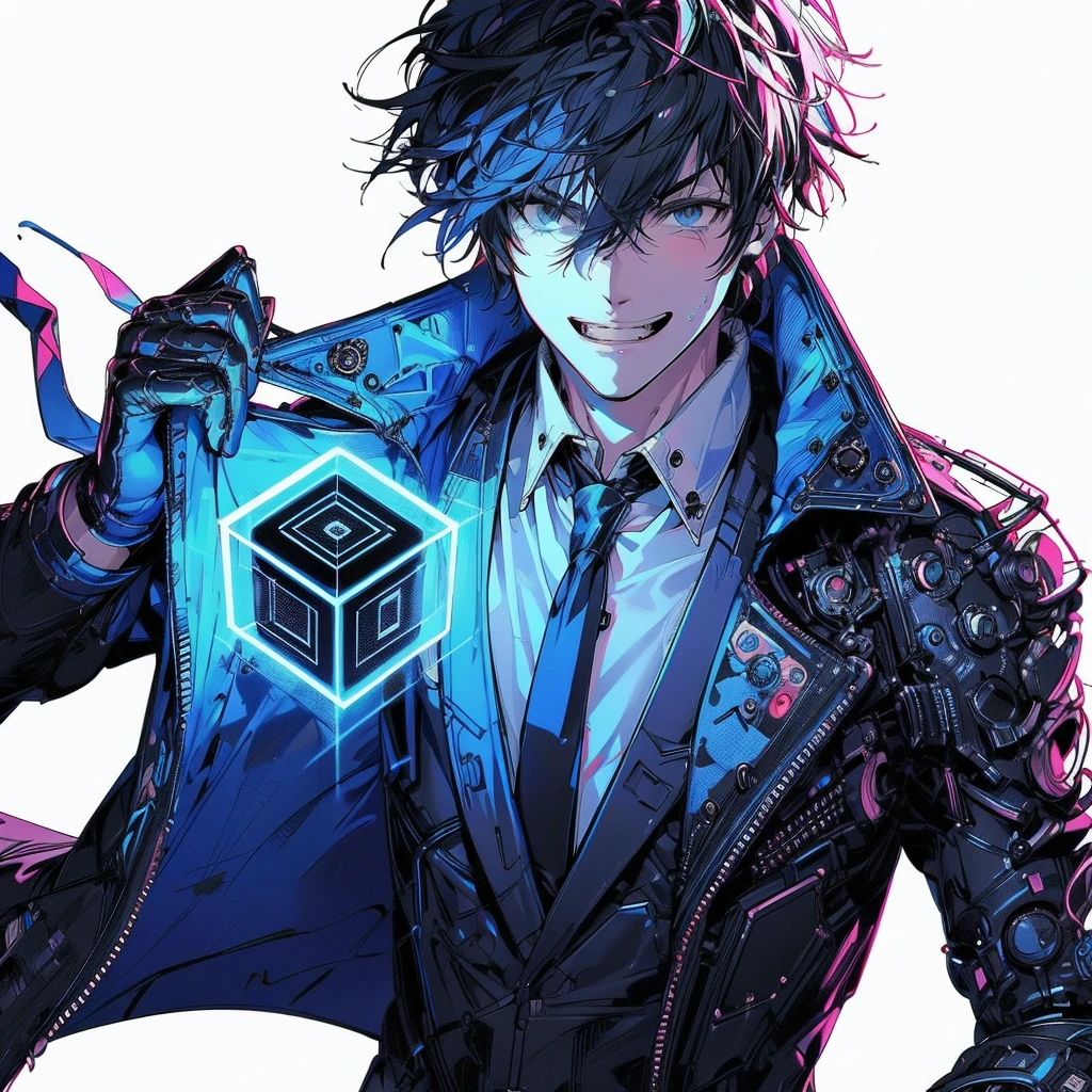 redraw this suit in high quality, detailed photo style on a white background,ouka_niji 5 girl beautiful inspired charlie bowater character cyberpunk- desenho no estilo de Mike Deotado, Androgynous niji 6 , man crazy smile, jacket, holding a neon black e blue, cube sticking --ar 9:16 --v 6.0, Ouka_Niji 5