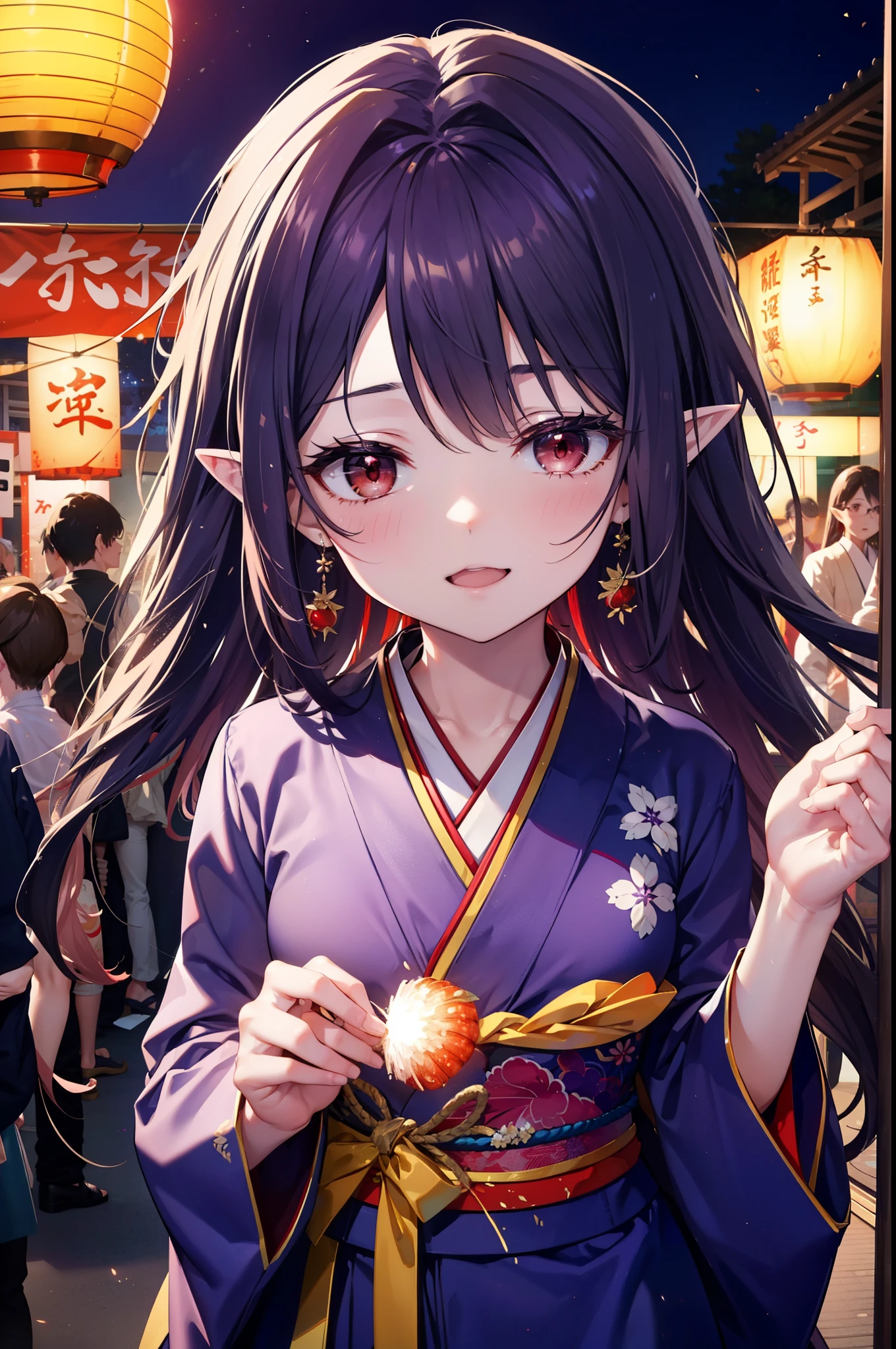 yuukikonno, Yuki Konno, hair band, Long Hair, Pointy Ears, Purple Hair, (Red eyes:1.5), (Small breasts:1.2), Open your mouth,Open your mouth,Long Hair,happy smile, smile, Open your mouth,Purple kimono,Long sleeve,Sandals,night空の花火,Fireworks display,Japanese Festivals,Summer festival food stalls,Red Lantern, night,whole bodyがイラストに入るように,Looking down from above,
break outdoors, shrine,                                              break looking at viewer,whole body,Upper Body,(Cowboy Shot:1. 5)
break (masterpiece:1.2), highest quality, High resolution, unity 8k wallpaper, (shape:0.8), (Beautiful and beautiful eyes:1.6), Highly detailed face, Perfect lighting, Extremely detailed CG, (Perfect hands, Perfect Anatomy),